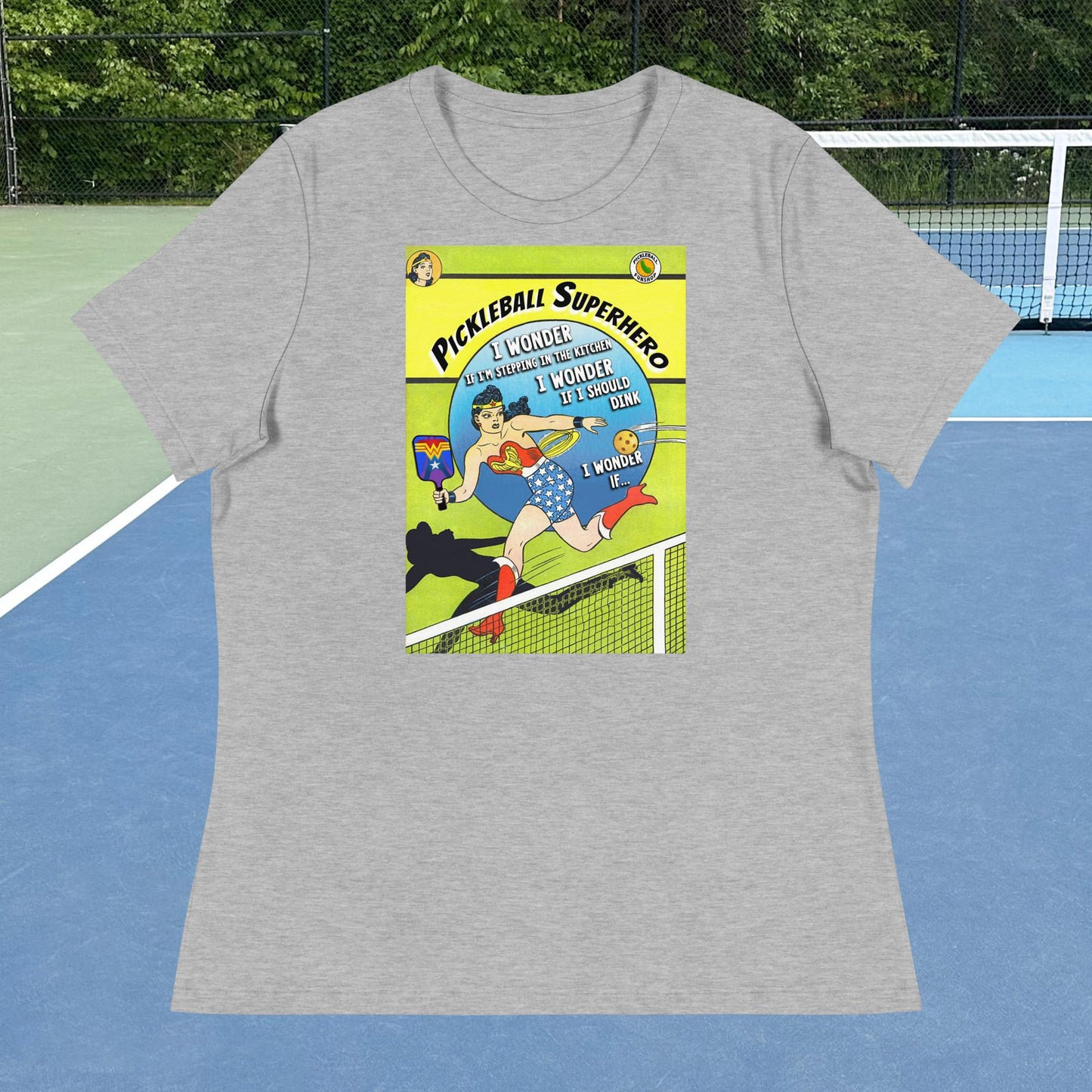 Heather Grey Wonder Woman Pickleball Superhero Women's Relaxed T-shirt, Graphic on Front