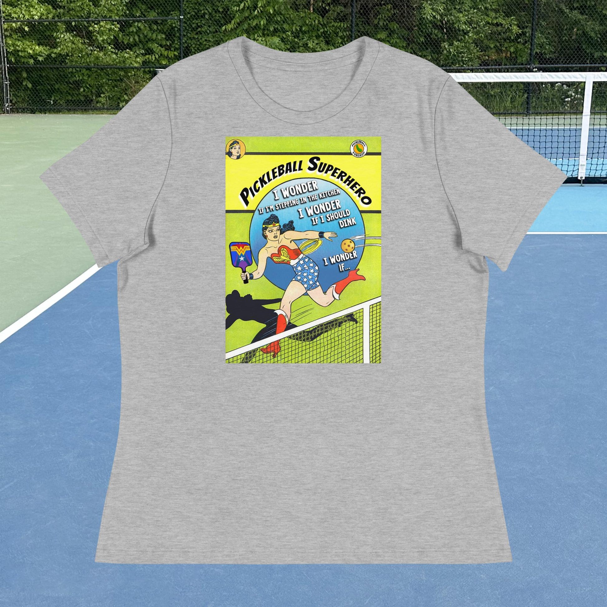 Heather Grey Wonder Woman Pickleball Superhero Women's Relaxed T-shirt, Graphic on Front