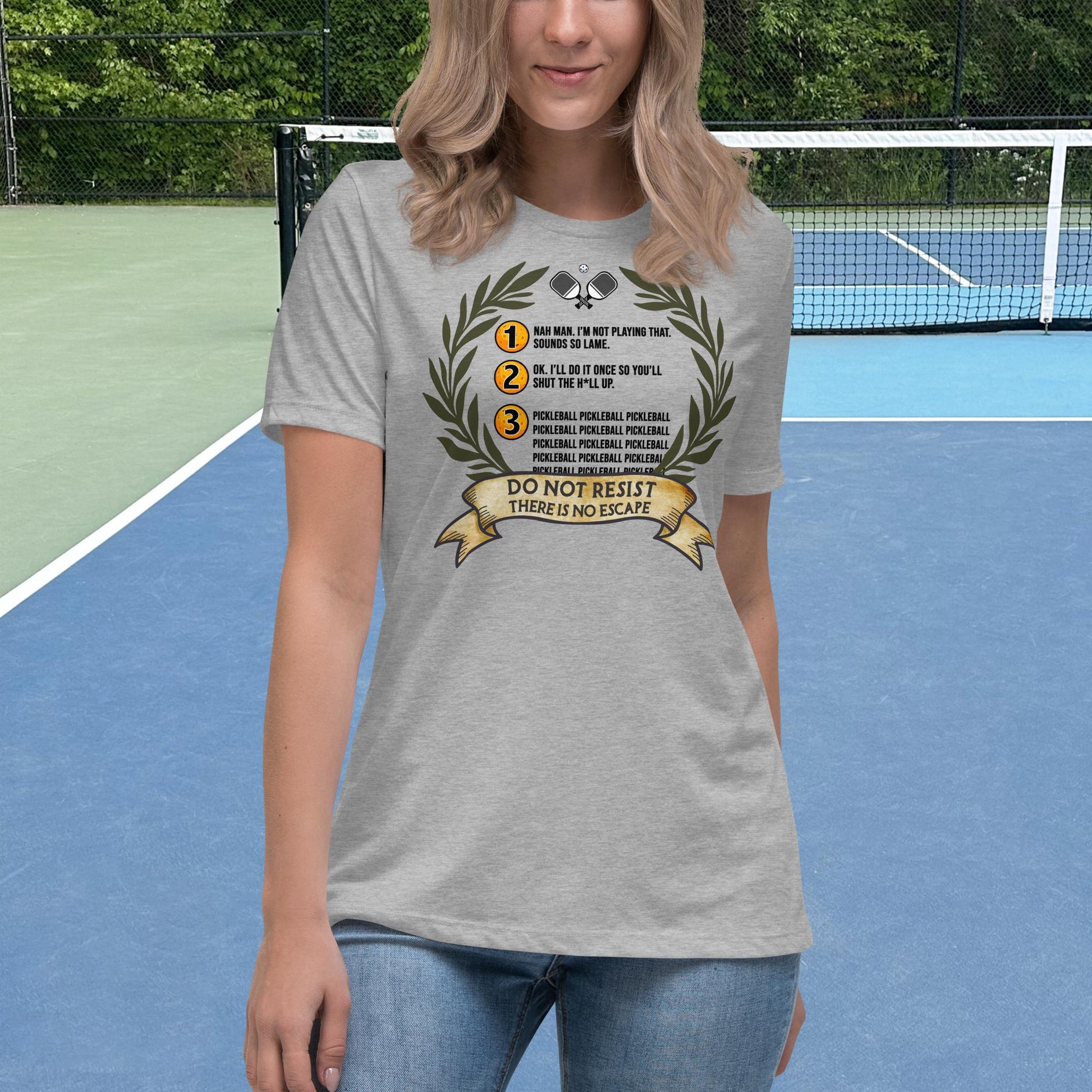 Heather Grey Pickleball Shirt, 3 Stages of Pickleball, Graphic on Front, Women's Tee