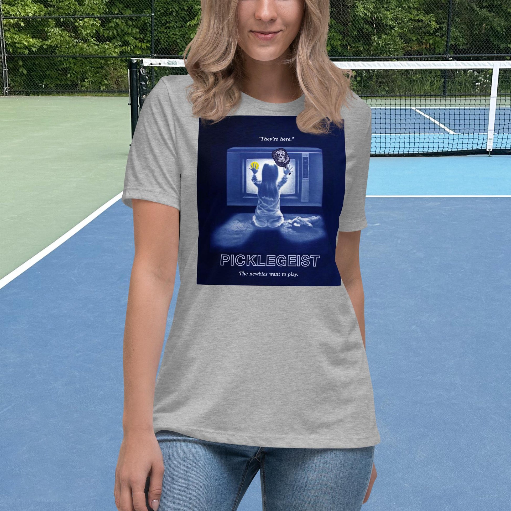 Heather Grey Short-sleeve Women's Pickleball Shirt, Picklegeist graphic on front