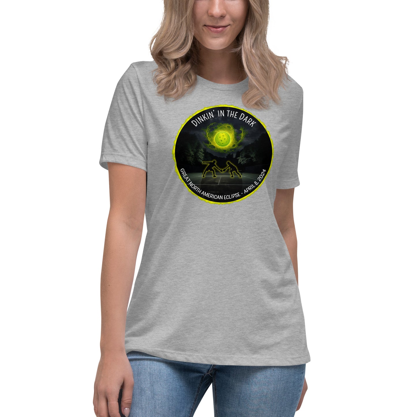 Women's Pickleball T-shirt, Dinkin' In The Dark Eclipse Design, Graphic on Front