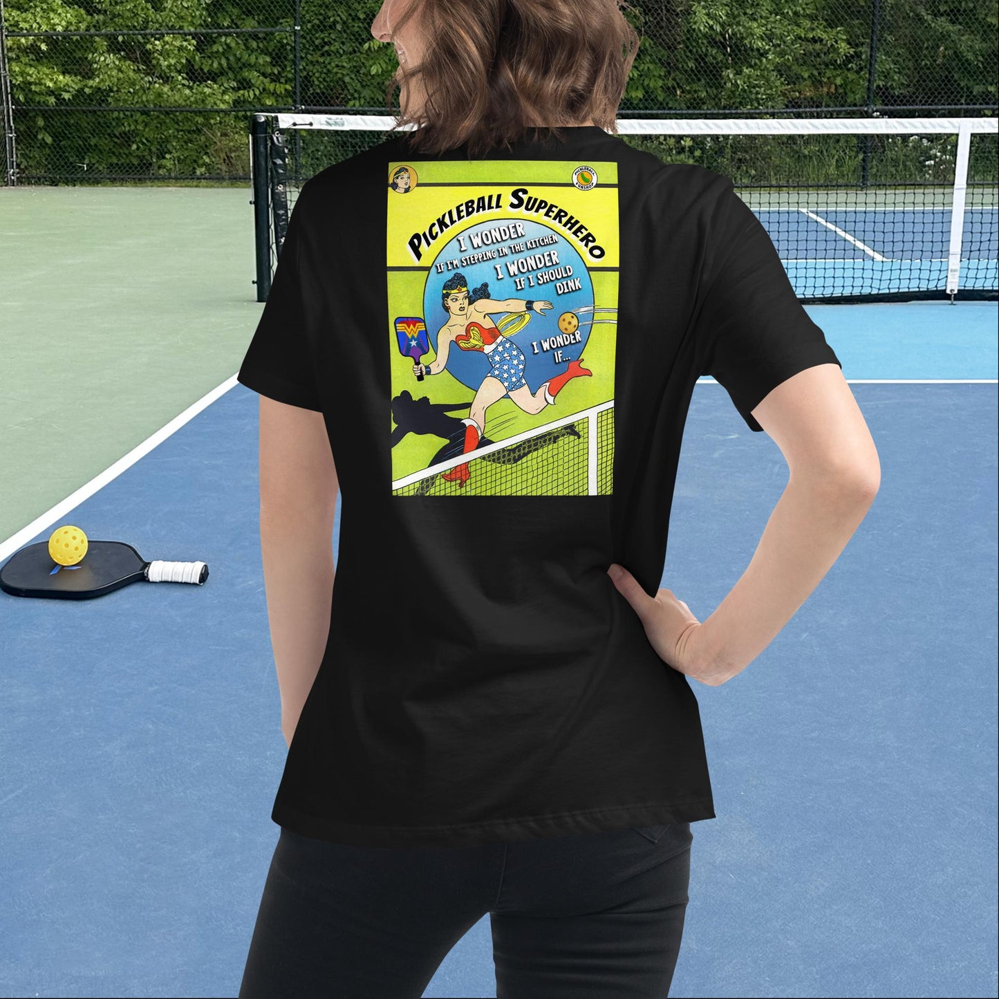 Black Pickleball Superhero Wonder Woman T-shirt, Graphic on Back, Women's Relaxed Tee