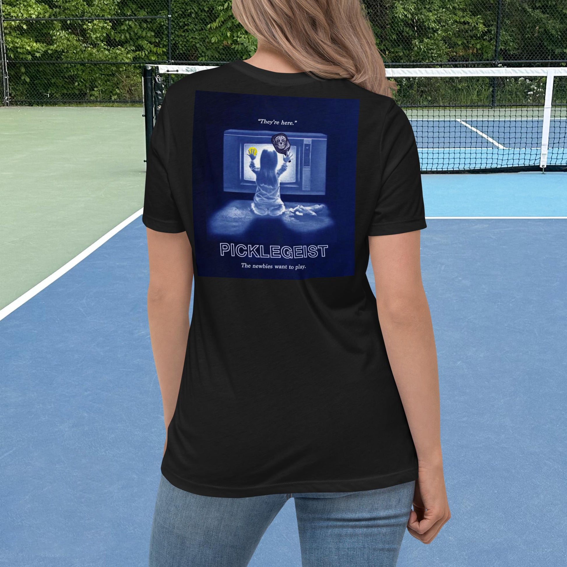 Black Short-sleeve Women's Pickleball Shirt with Picklegeist graphic on Back