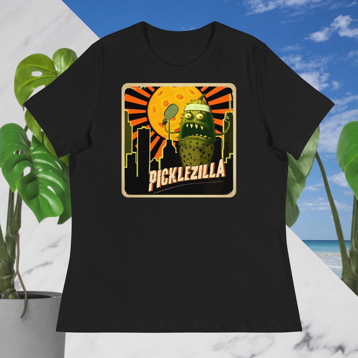 Black Women's Pickleball T-shirt Picklezilla Design Cotton