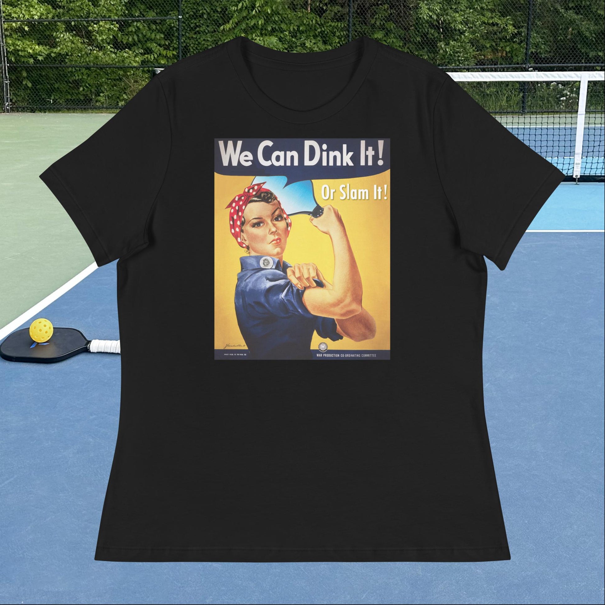 Black Rosie the Riveter Pickleball T-shirt, Graphic on Front, Women's Relaxed Cotton Tee