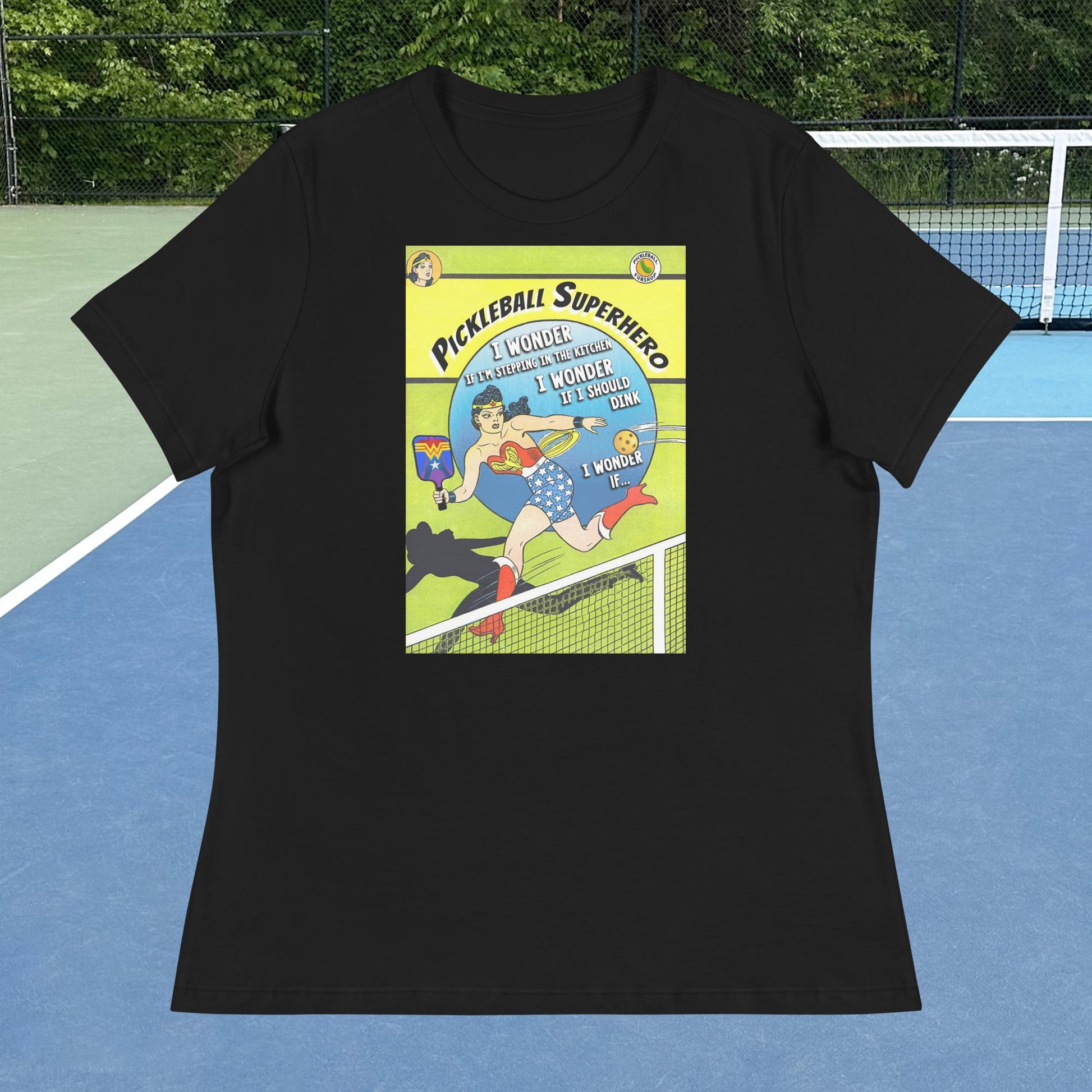 Black Wonder Woman Pickleball Superhero Women's Relaxed T-shirt, Graphic on Front