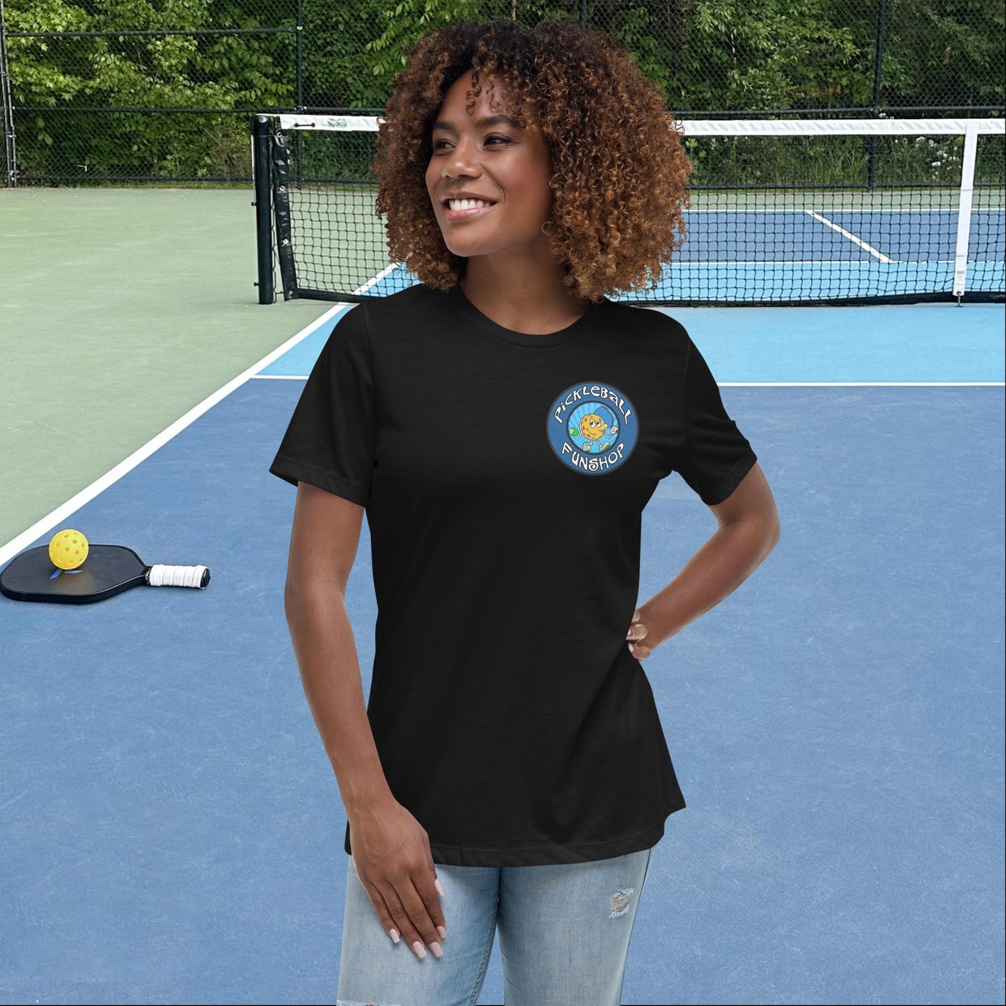 Black Short-Sleeve Women's Pickleball Shirt with Pickleball FunShop Logo on Left Chest