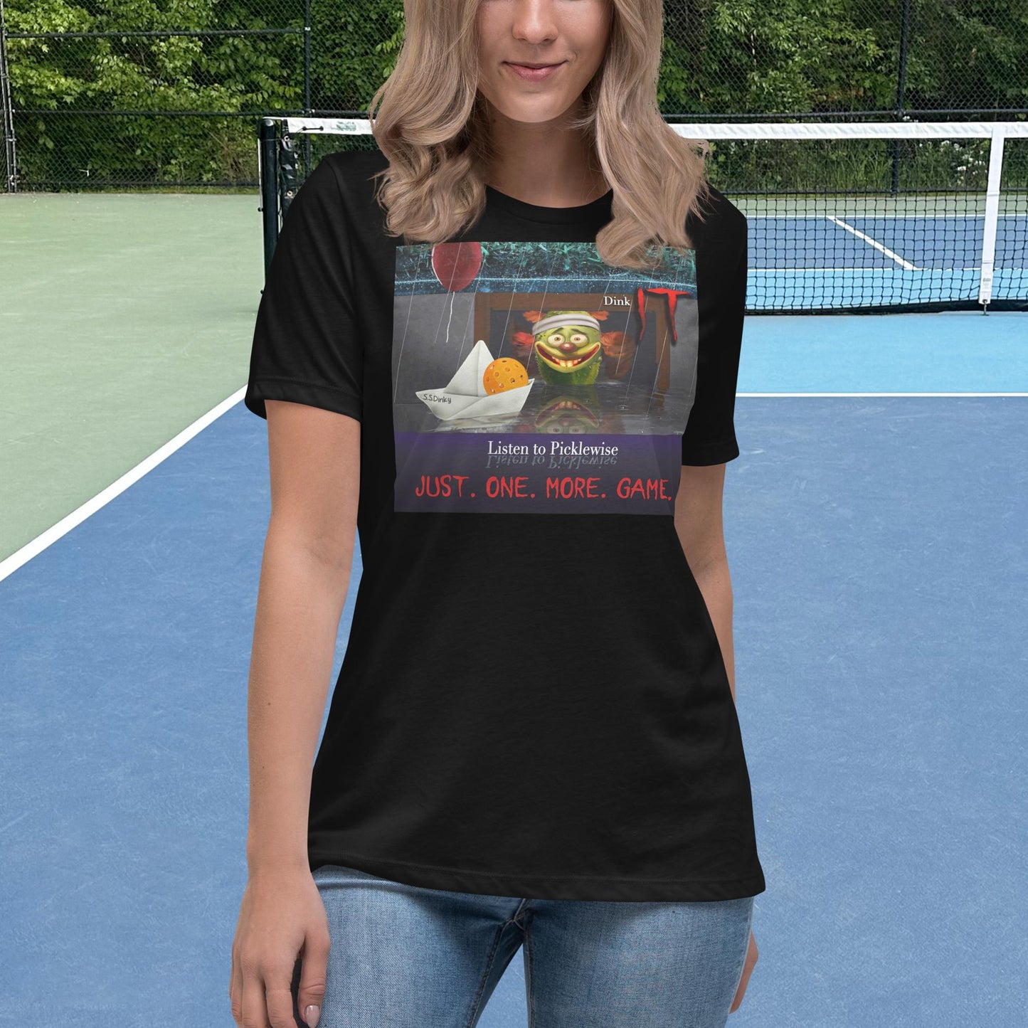 Black Short-sleeve Women's Pickleball Shirt with Listen to Picklewise graphic on front