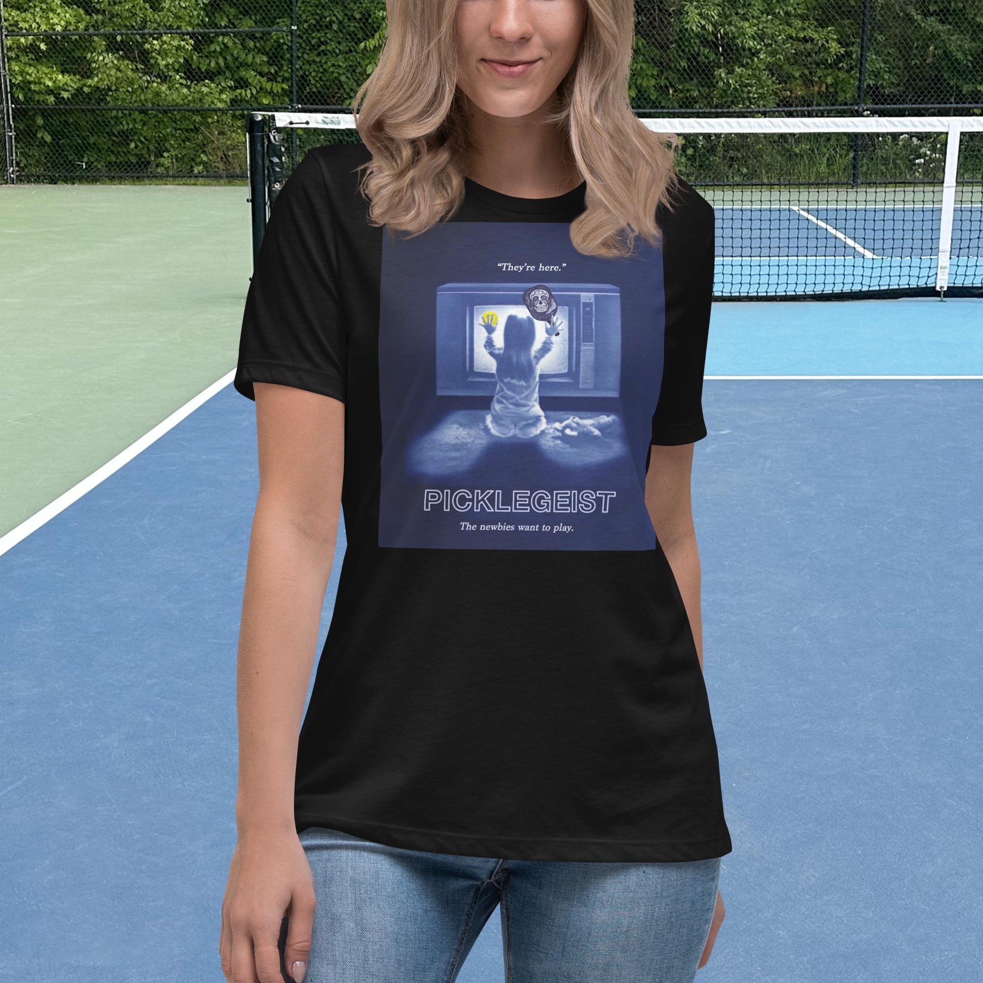 Black Short-sleeve Women's Pickleball Shirt, Picklegeist graphic on front