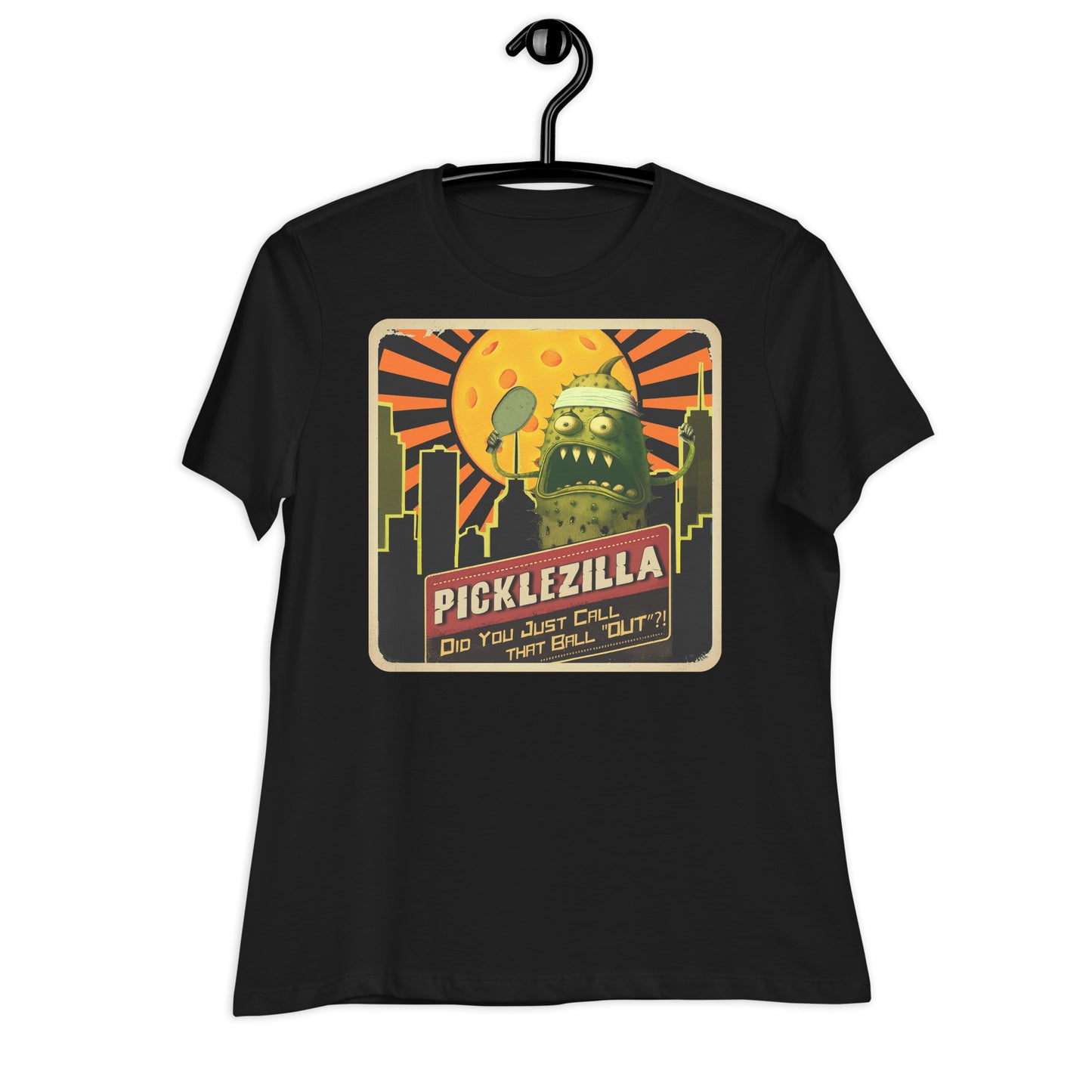 Black Short-sleeve Women's pickleball shirt with Picklezilla Out Call graphic on front