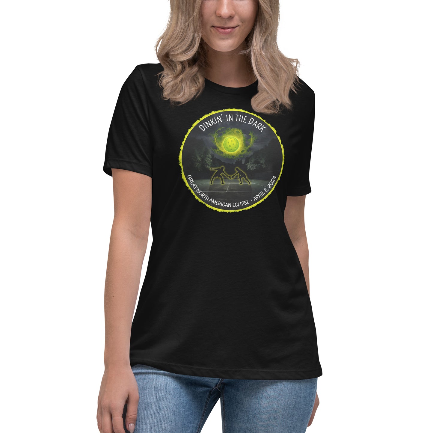 Women's Pickleball T-shirt, Dinkin' In The Dark Eclipse Design, Graphic on Front