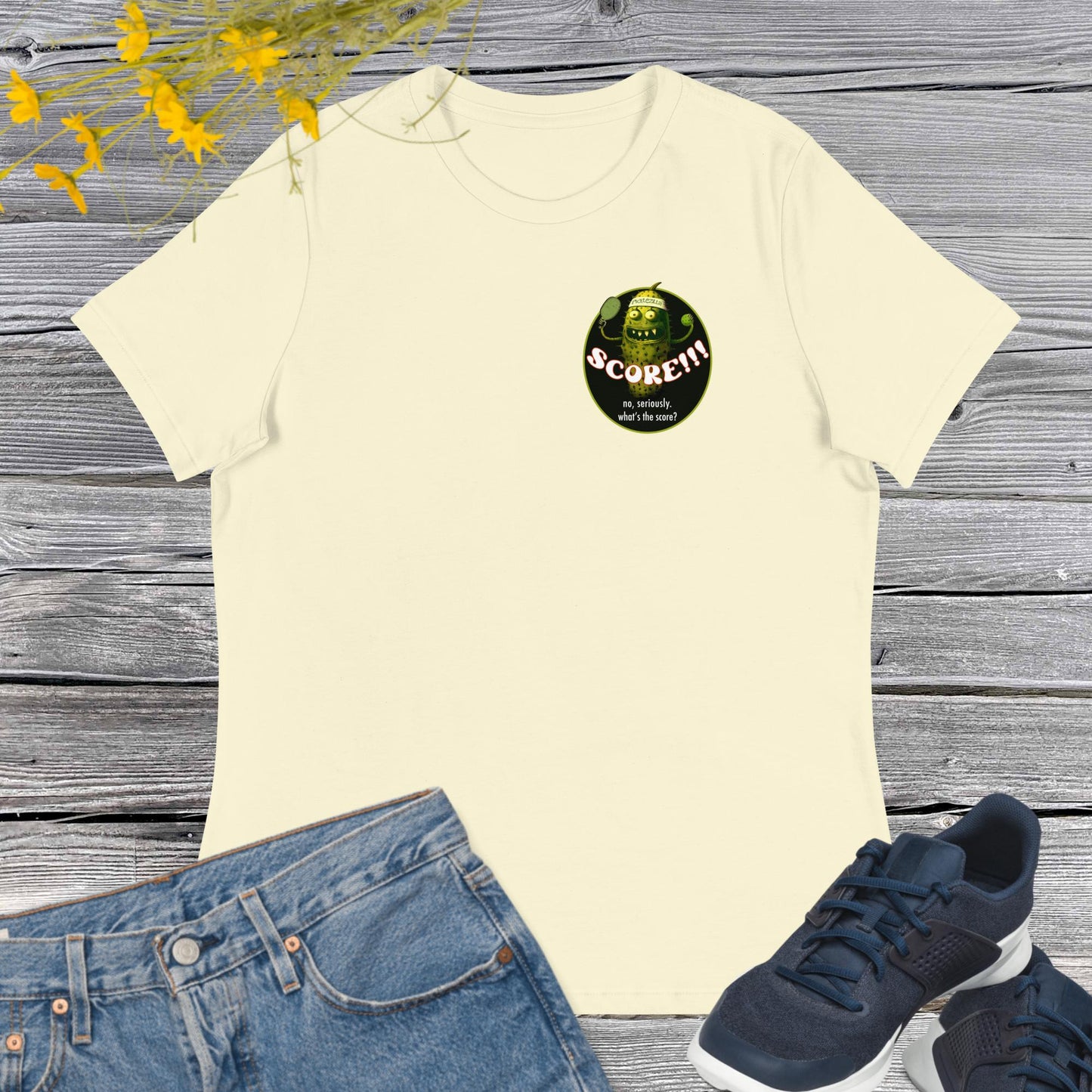 Cream Colored Pickleball T-Shirt, Picklezilla Score, Left Chest, Women's Crew Neck Tee