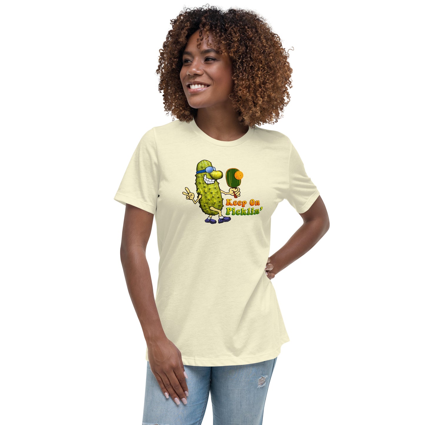 Women's Pickleball T-shirt, Keep On Picklin' Pickledude, Front Center Graphic, Short-sleeve