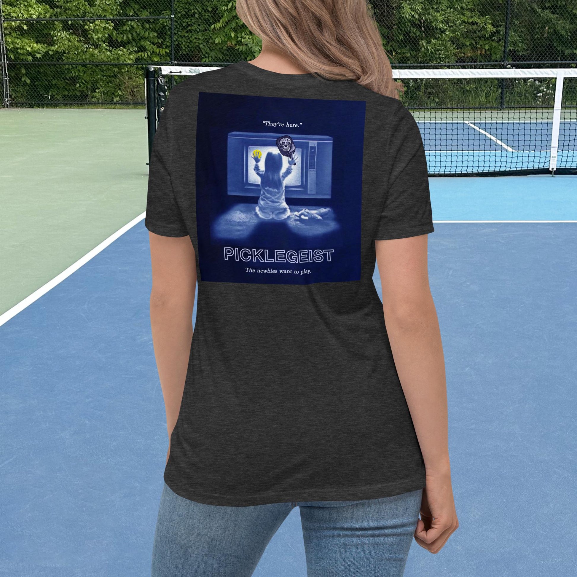 Heather Dark Grey Short-sleeve Women's Pickleball Shirt with Picklegeist graphic on Back