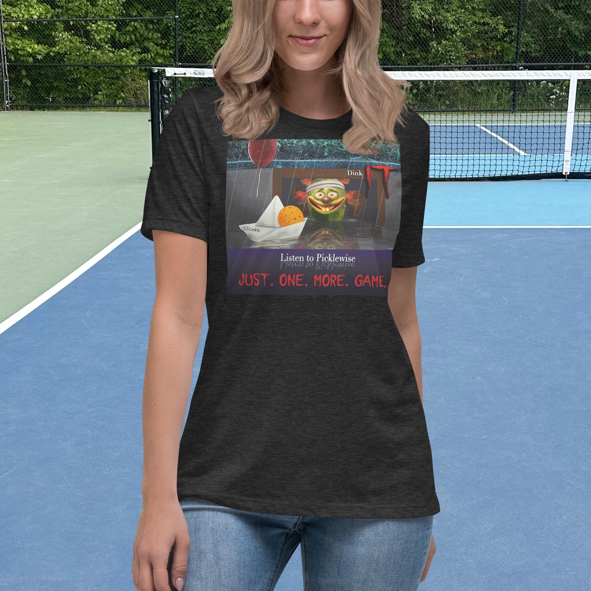 Dark Grey Heather Short-sleeve Women's Pickleball Shirt with Listen to Picklewise graphic on front