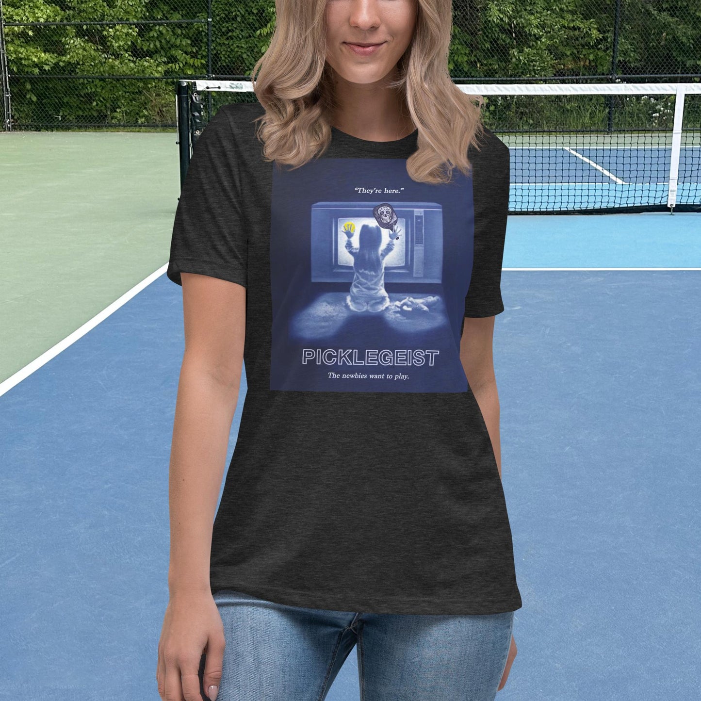 Dark Grey Short-sleeve Women's Pickleball Shirt, Picklegeist graphic on front