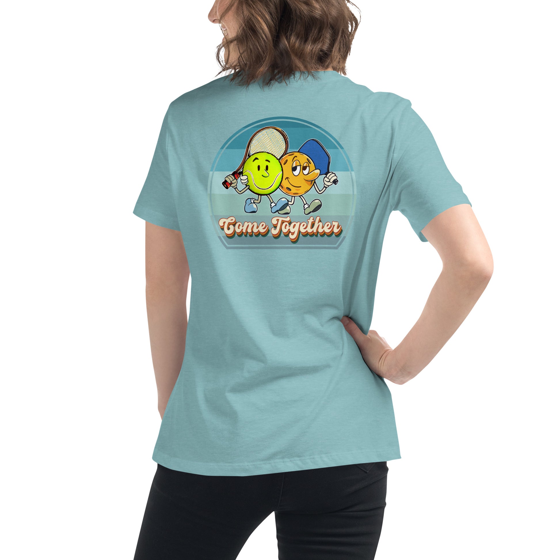 Heather Aqua Pickleball and Tennis T-shirt, Come Together, Back Graphic, Women's Relaxed Cotton Tee