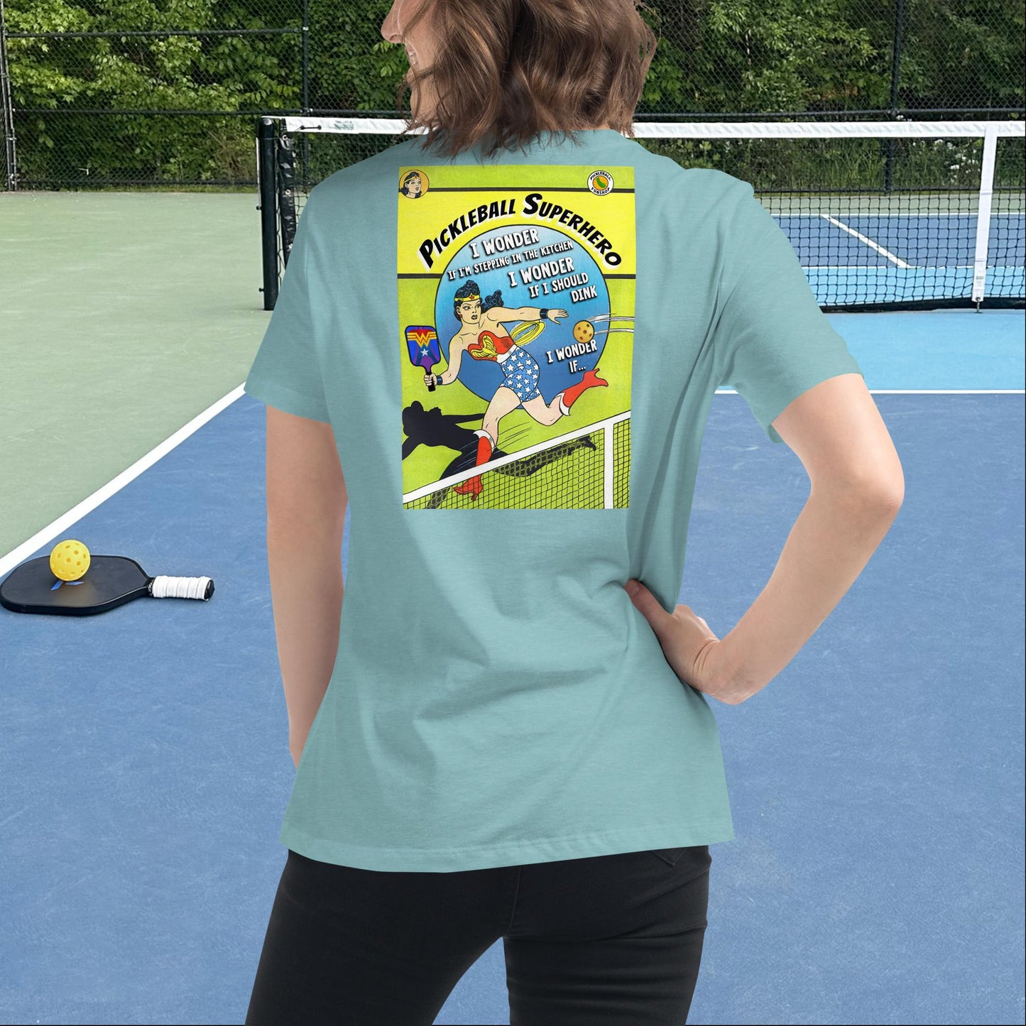 Heather Aqua Pickleball Superhero Wonder Woman T-shirt, Graphic on Back, Women's Relaxed Tee