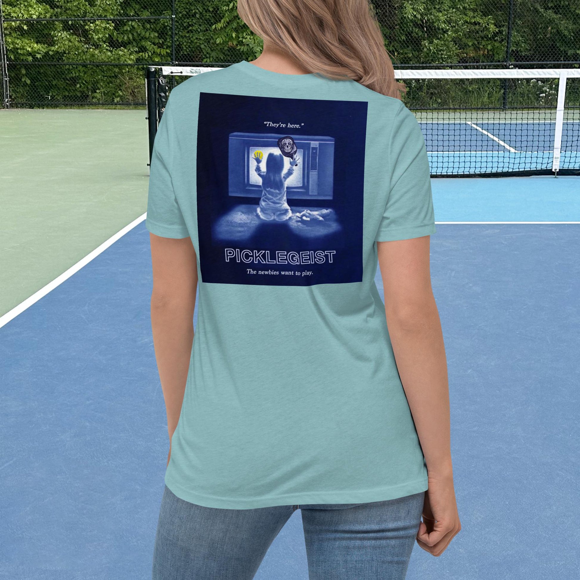 Heather Blue Lagoon Short-sleeve Women's Pickleball Shirt with Picklegeist graphic on Back