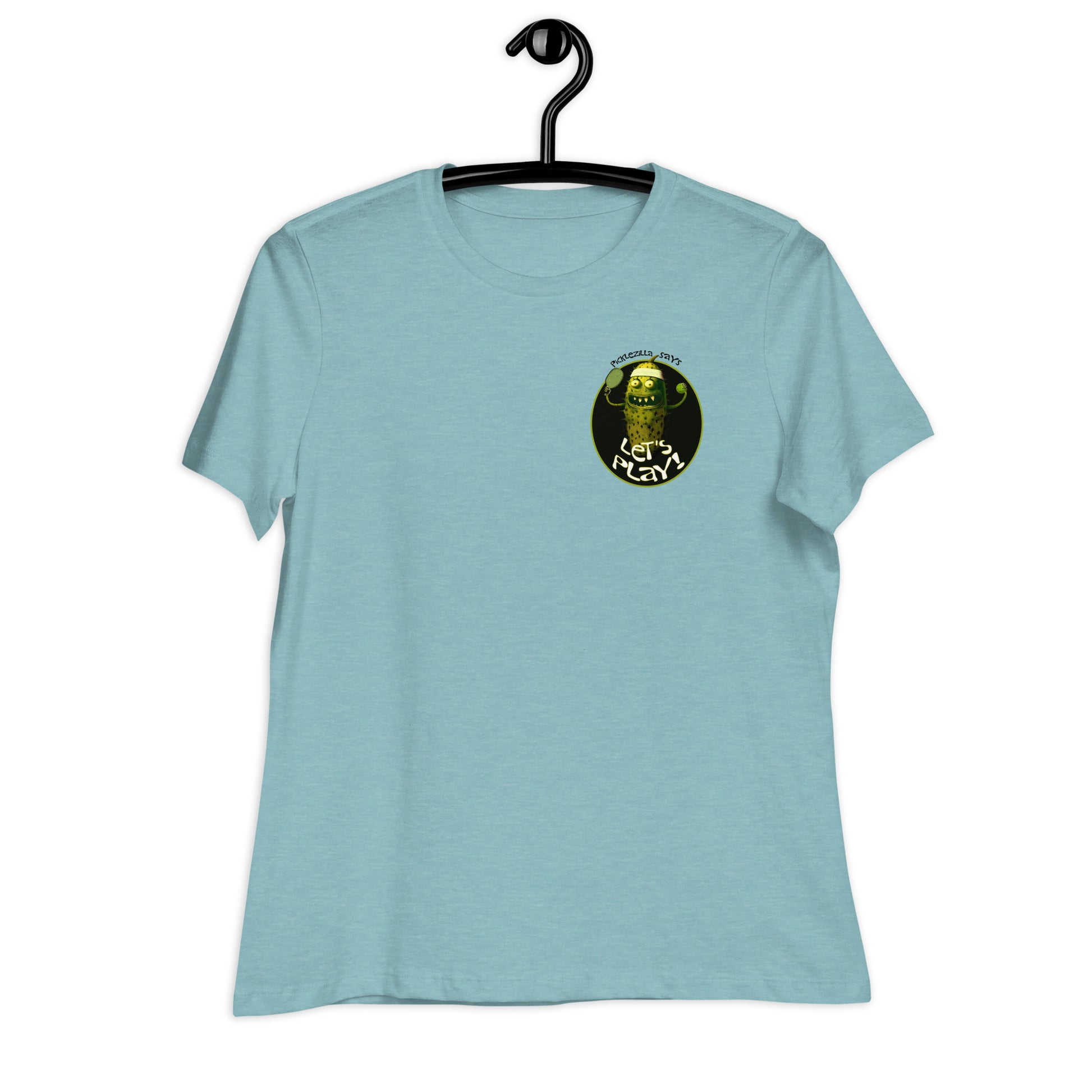 Heather Light Teal Pickleball T-shirt, Picklezilla Says Let's Play, Left Chest placement, Women's Relaxed Cotton Tee