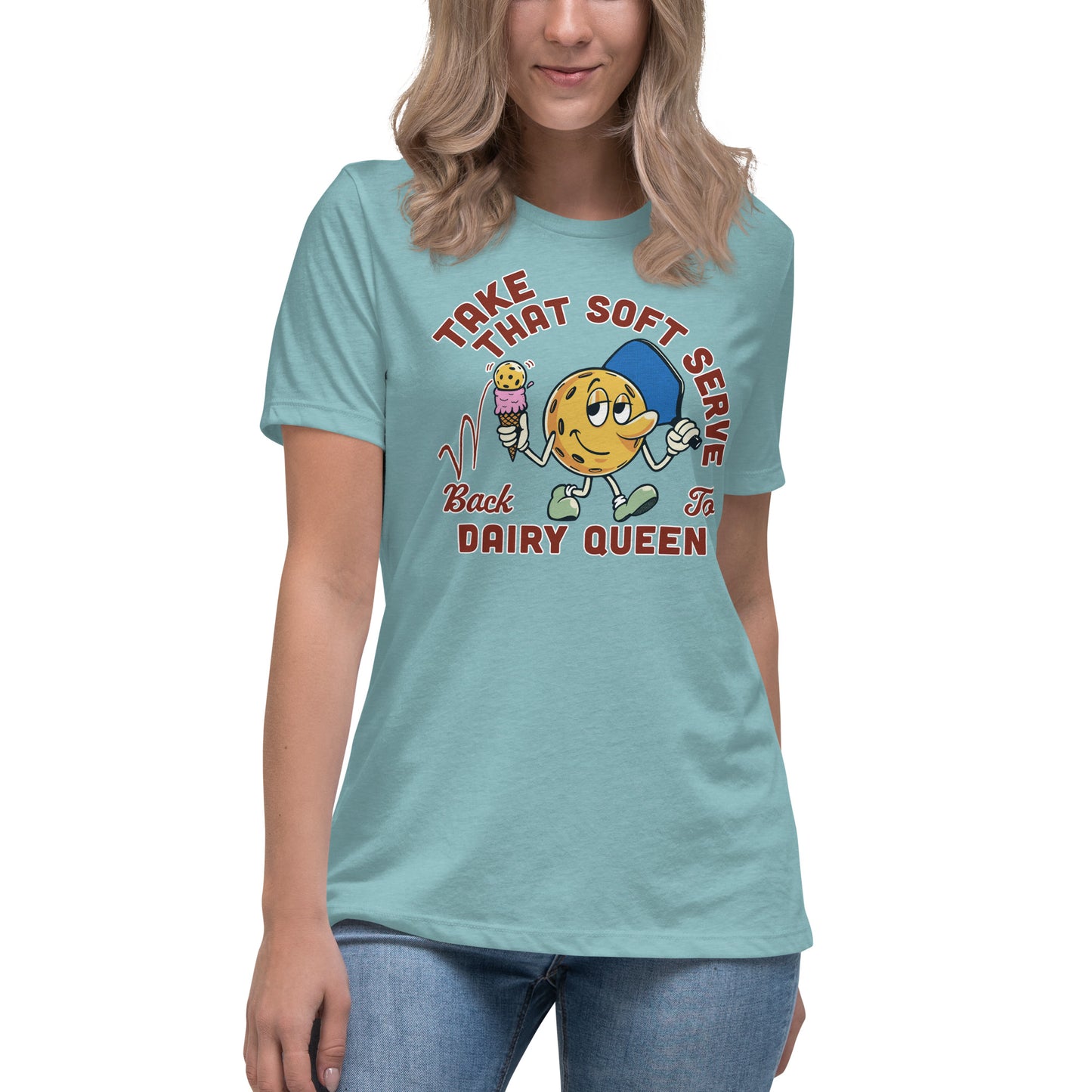 Heather Aqua Pickleball T-shirt, Take That Soft Serve Back to Dairy Queen, Graphic on Front, Women's Relaxed Crew Neck Tee