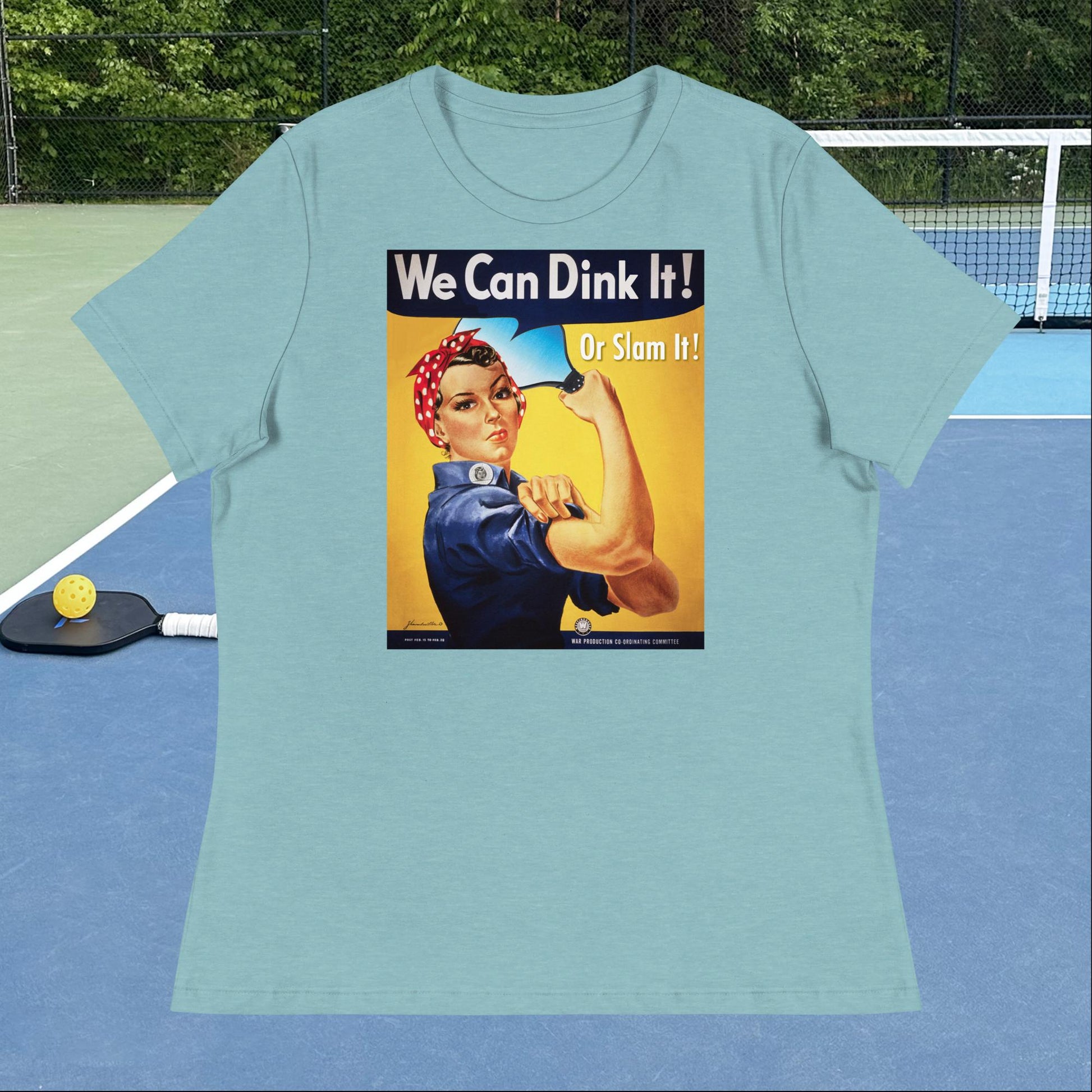 Heather Aqua Rosie the Riveter Pickleball T-shirt, Graphic on Front, Women's Relaxed Cotton Tee