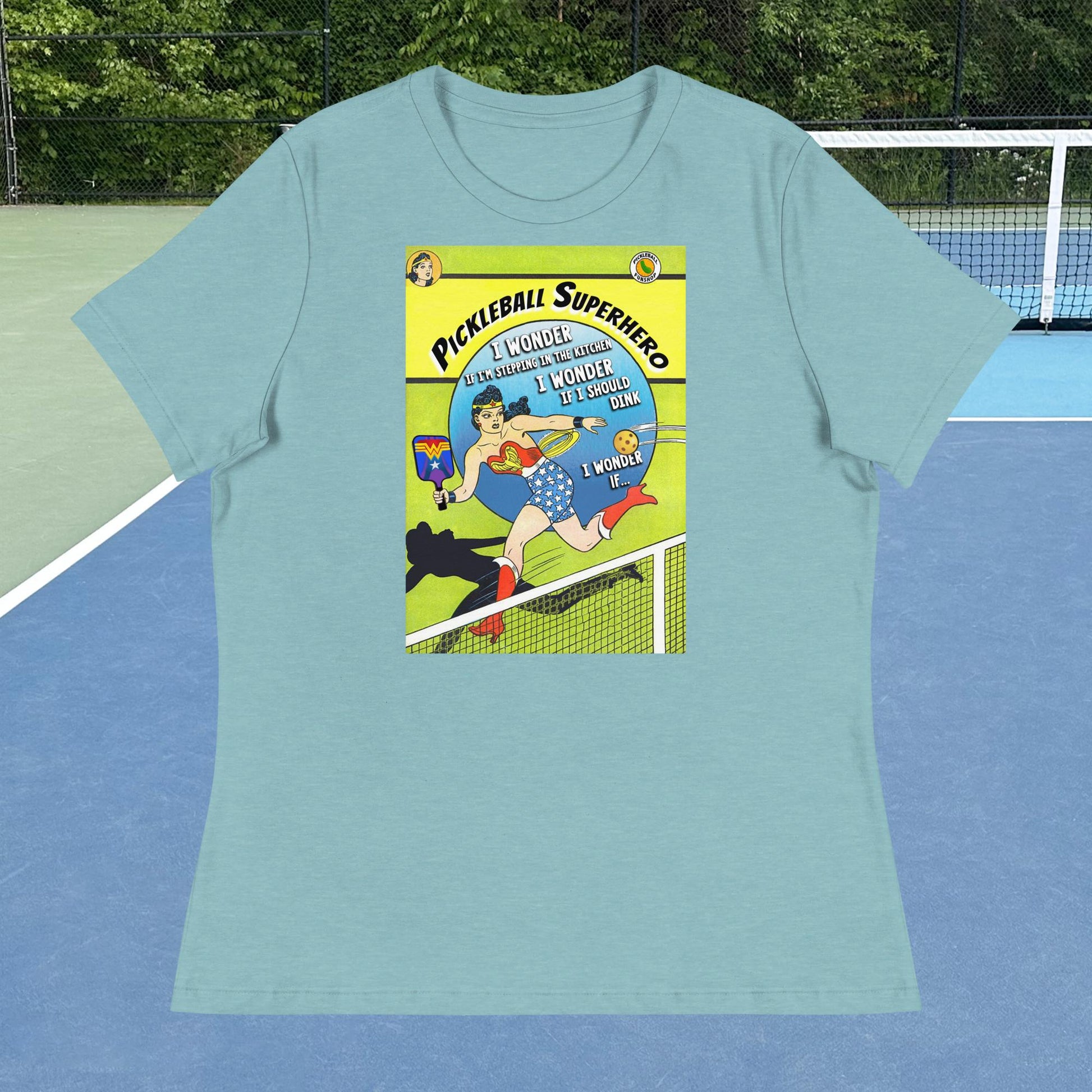 Heather Aqua Wonder Woman Pickleball Superhero Women's Relaxed T-shirt, Graphic on Front