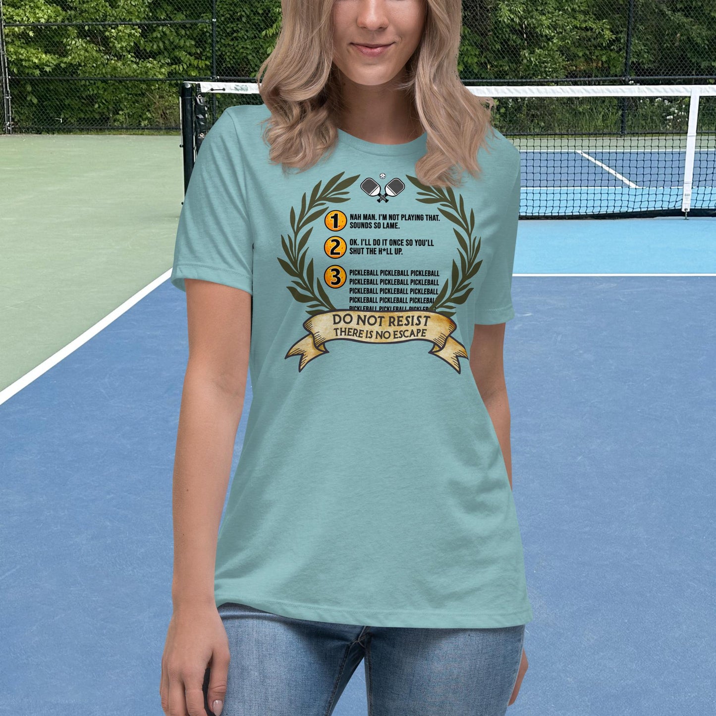 Heather Blue Pickleball Shirt, 3 Stages of Pickleball, Graphic on Front, Women's Tee