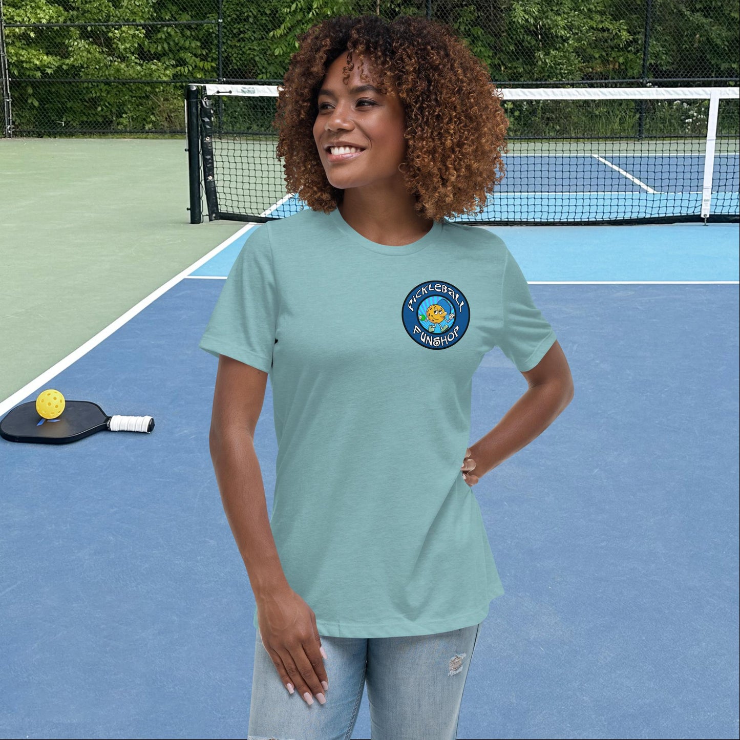 Heather Blue Lagoon Short-Sleeve Women's Pickleball Shirt with Pickleball FunShop Logo on Left Chest