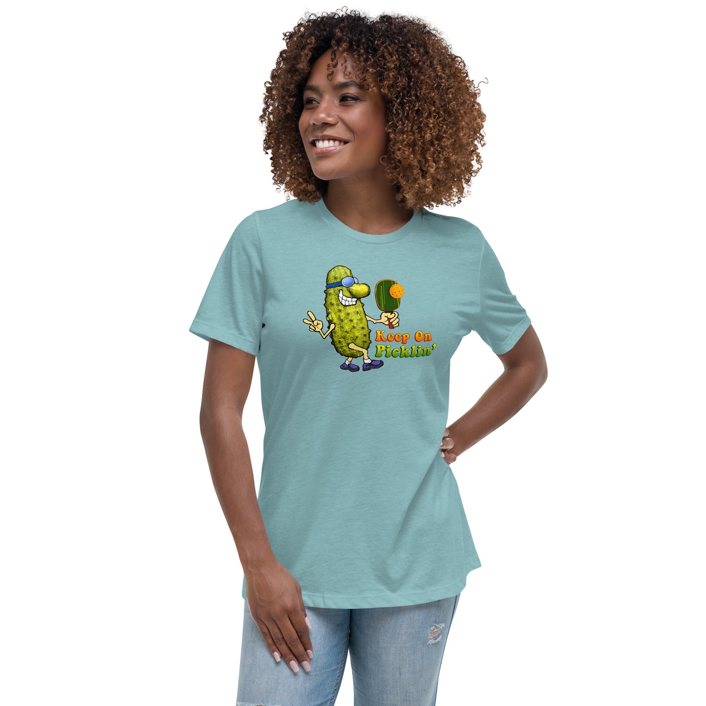 Women's Pickleball T-shirt, Keep On Picklin' Pickledude, Front Center Graphic, Short-sleeve