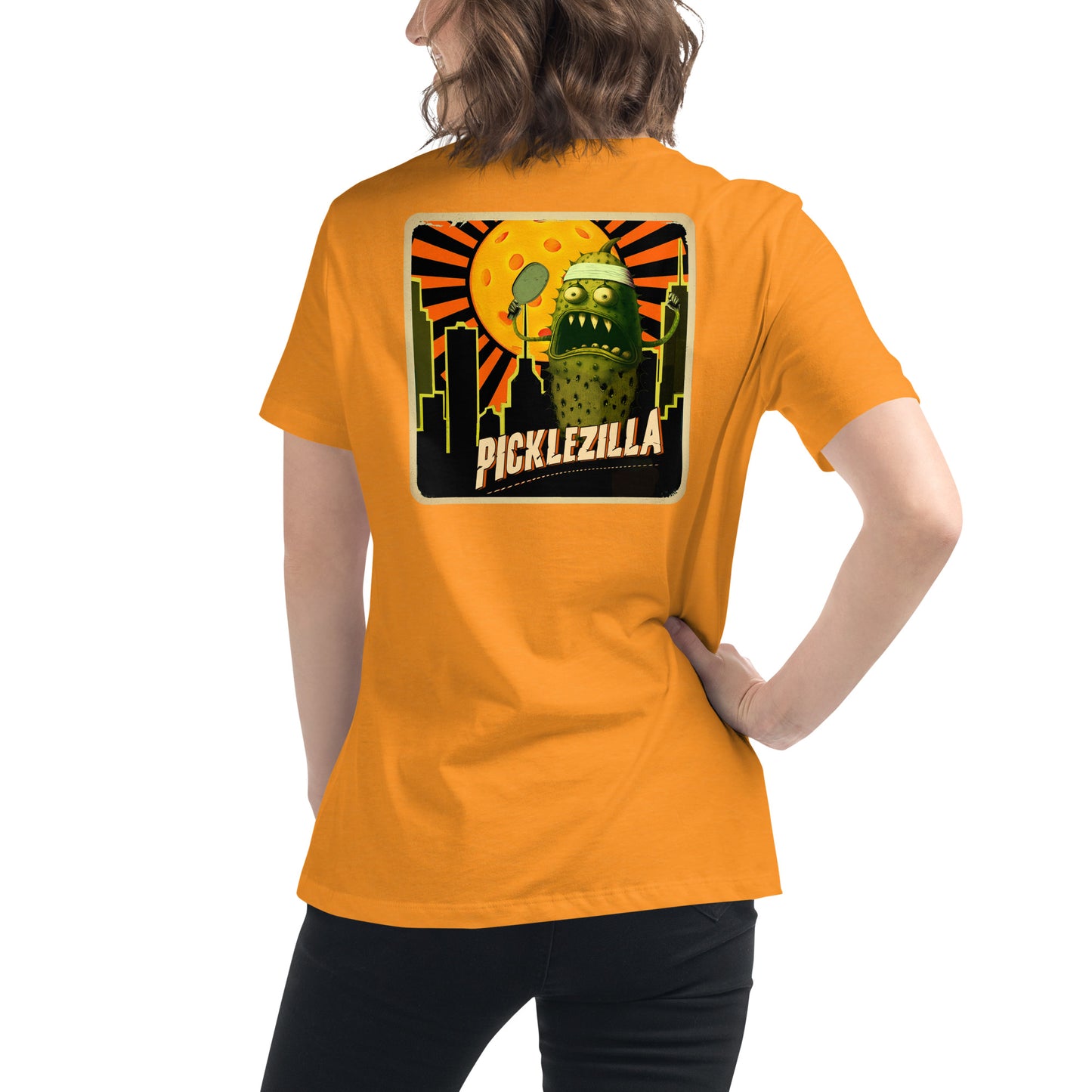 Heather Marmalade Orange Pickleball T-shirt, Picklezilla, Graphic on Back, Women's Crew Neck Tee