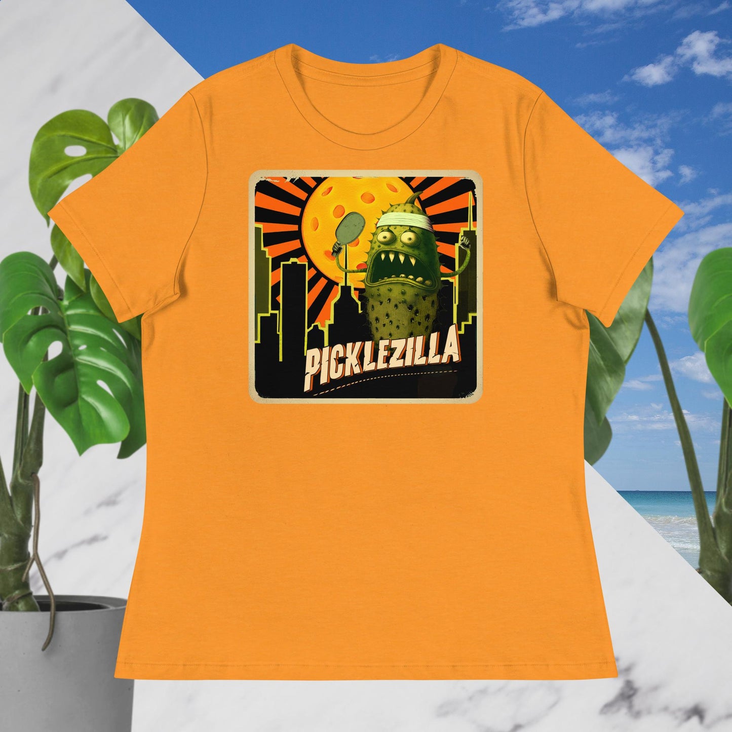 Orange Women's Pickleball T-shirt Picklezilla Design Cotton