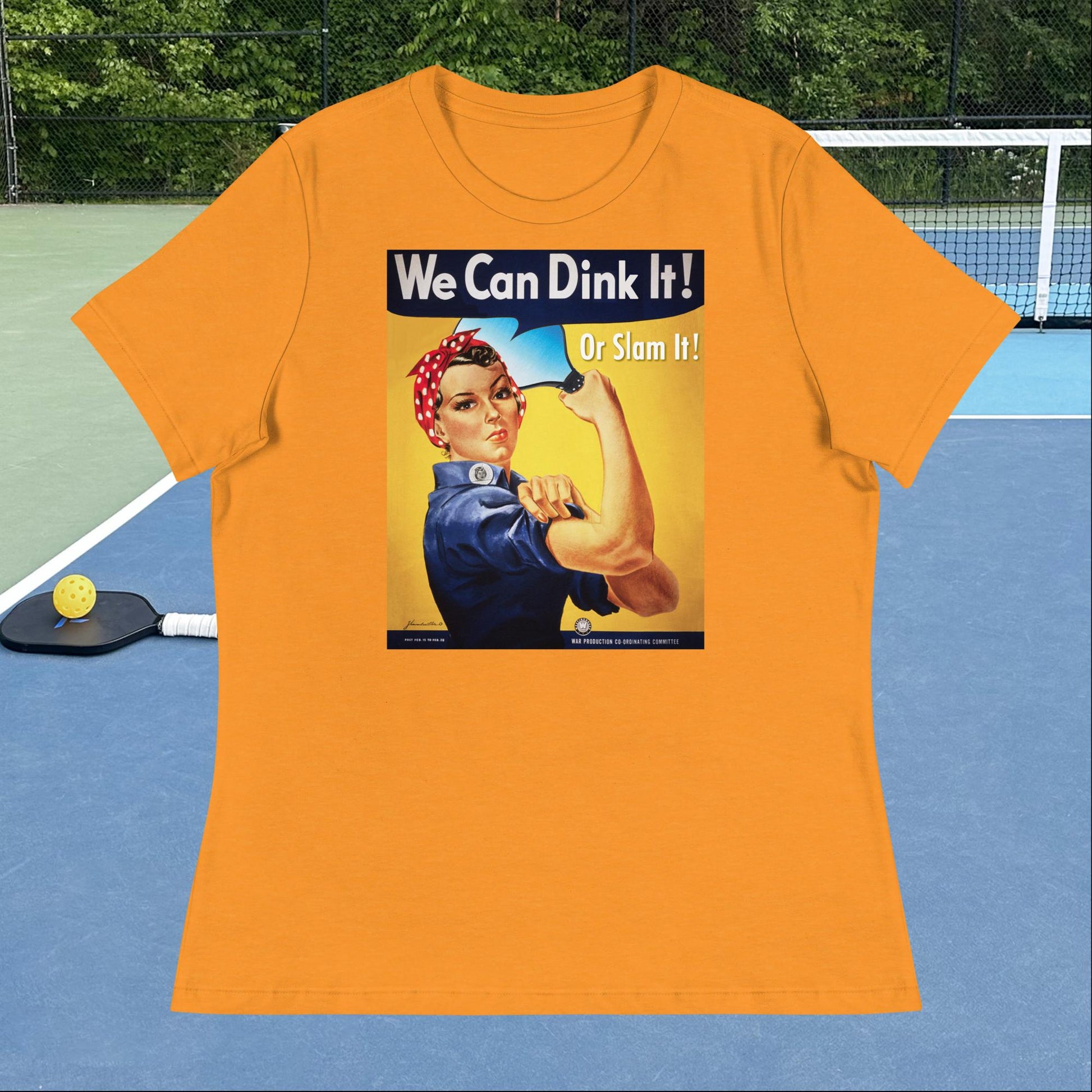 Heather Orange Rosie the Riveter Pickleball T-shirt, Graphic on Front, Women's Relaxed Cotton Tee