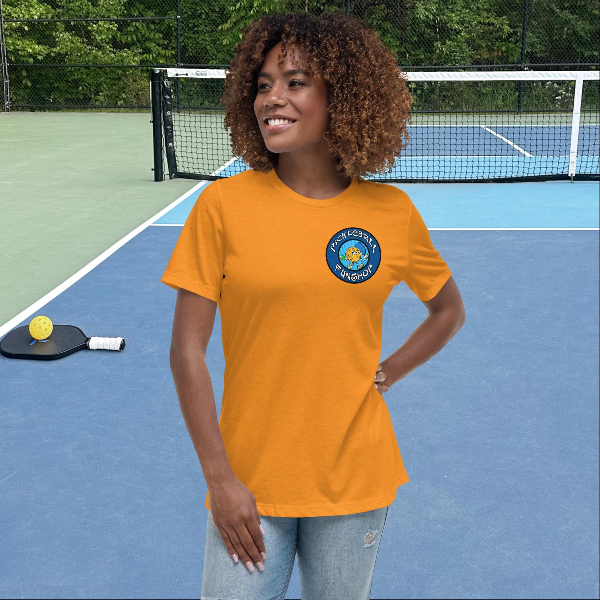 Heather Marmalade Short-Sleeve Women's Pickleball Shirt with Pickleball FunShop Logo on Left Chest