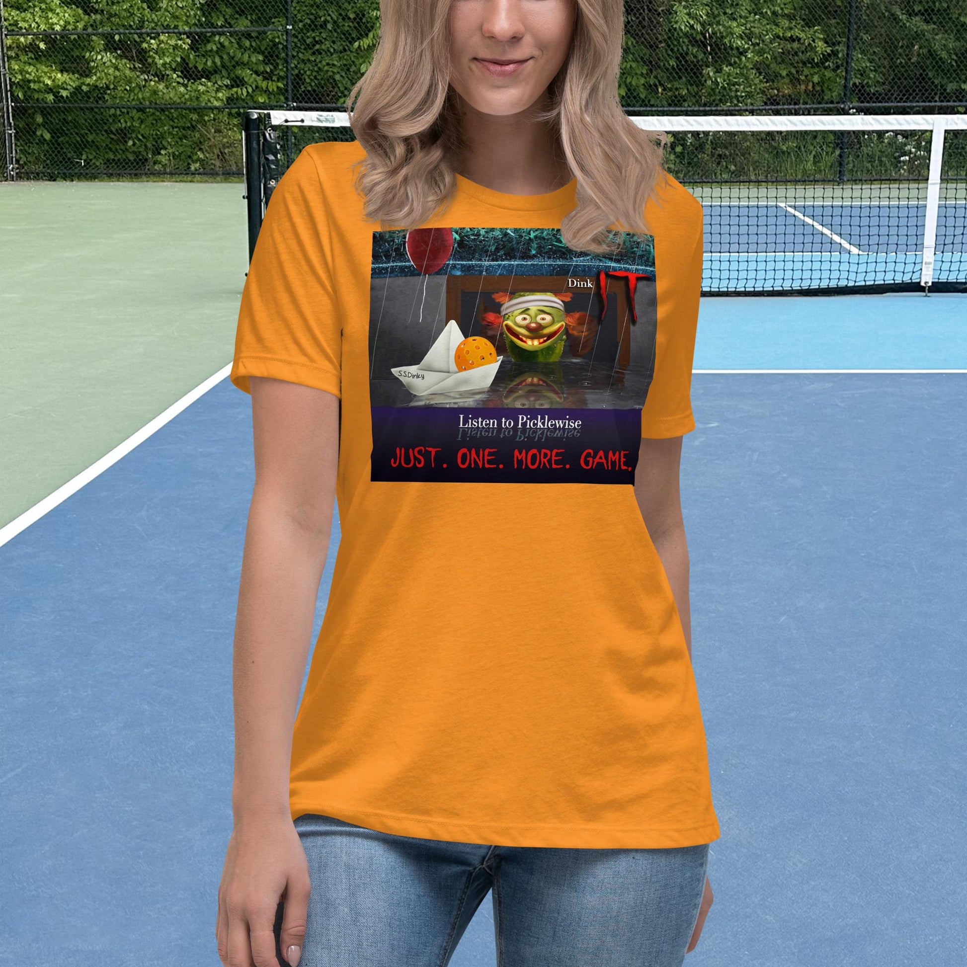 Heather Marmalade Short-sleeve Women's Pickleball Shirt with Listen to Picklewise graphic on front