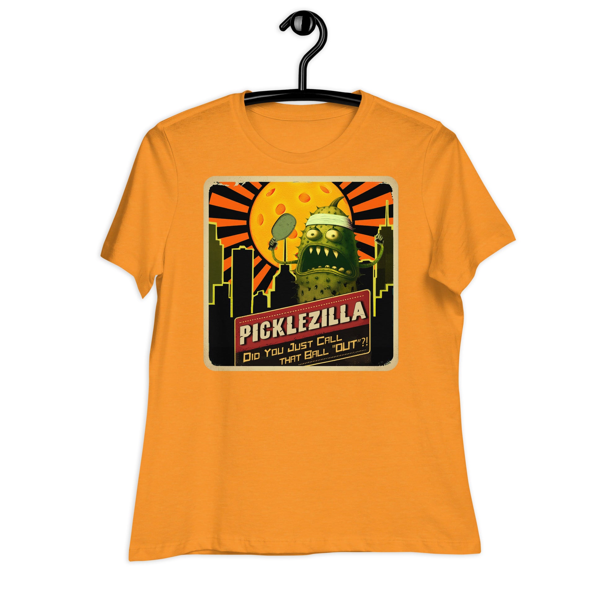 Heather Marmalade Short-sleeve Women's pickleball shirt with Picklezilla Out Call graphic on front