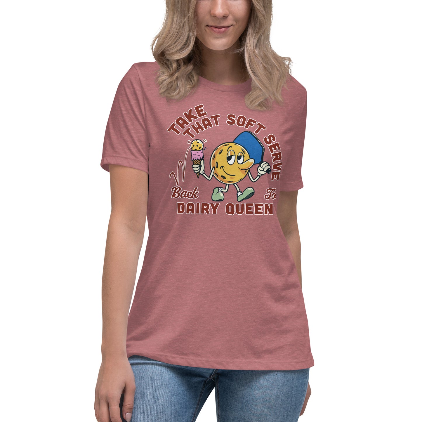 Heather Mauve Pickleball T-shirt, Take That Soft Serve Back to Dairy Queen, Graphic on Front, Women's Relaxed Crew Neck Tee