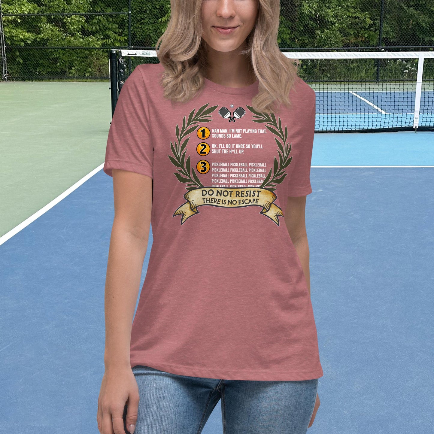 Heather Mauve Pickleball Shirt, 3 Stages of Pickleball, Graphic on Front, Women's Tee