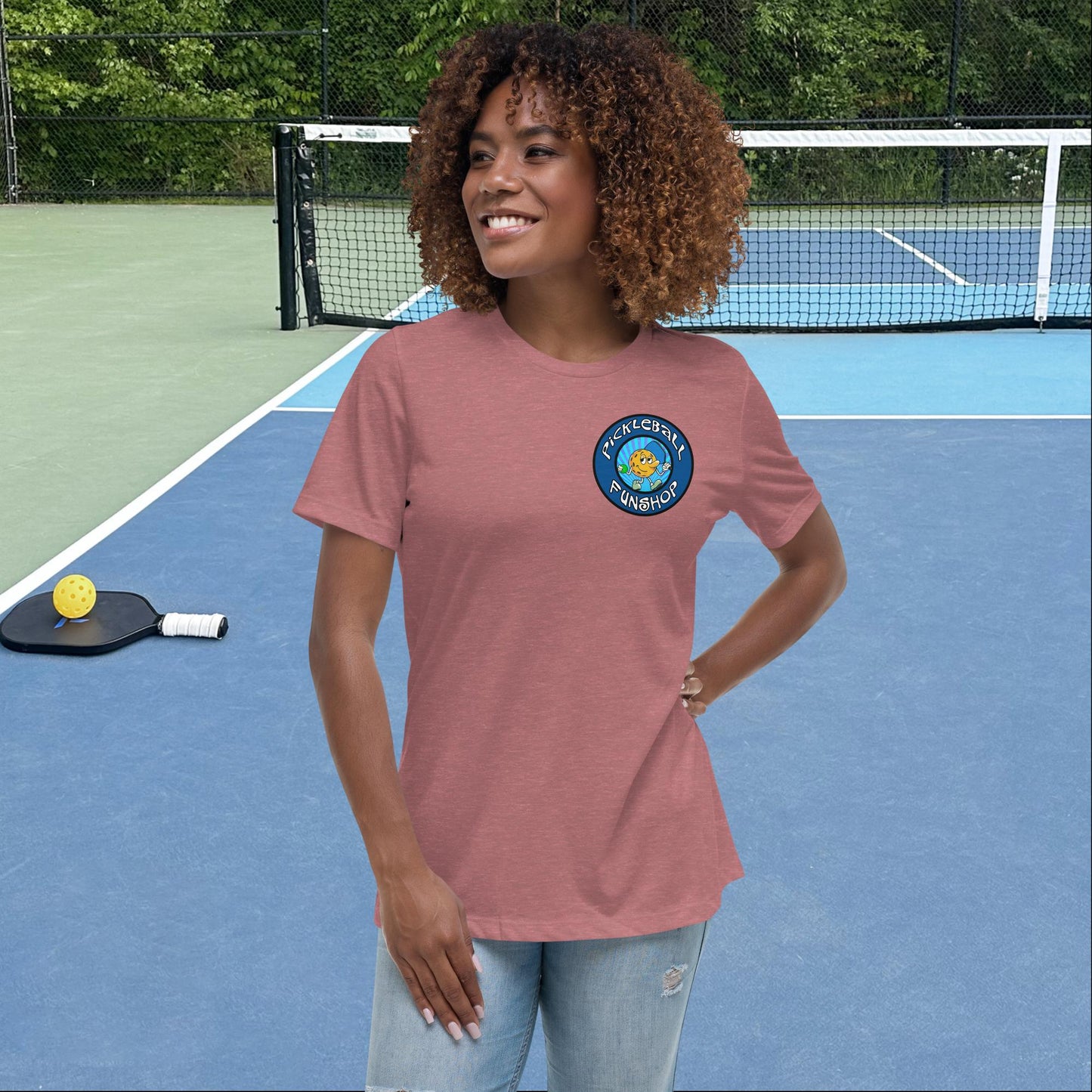 Heather Mauve Short-Sleeve Women's Pickleball Shirt with Pickleball FunShop Logo on Left Chest