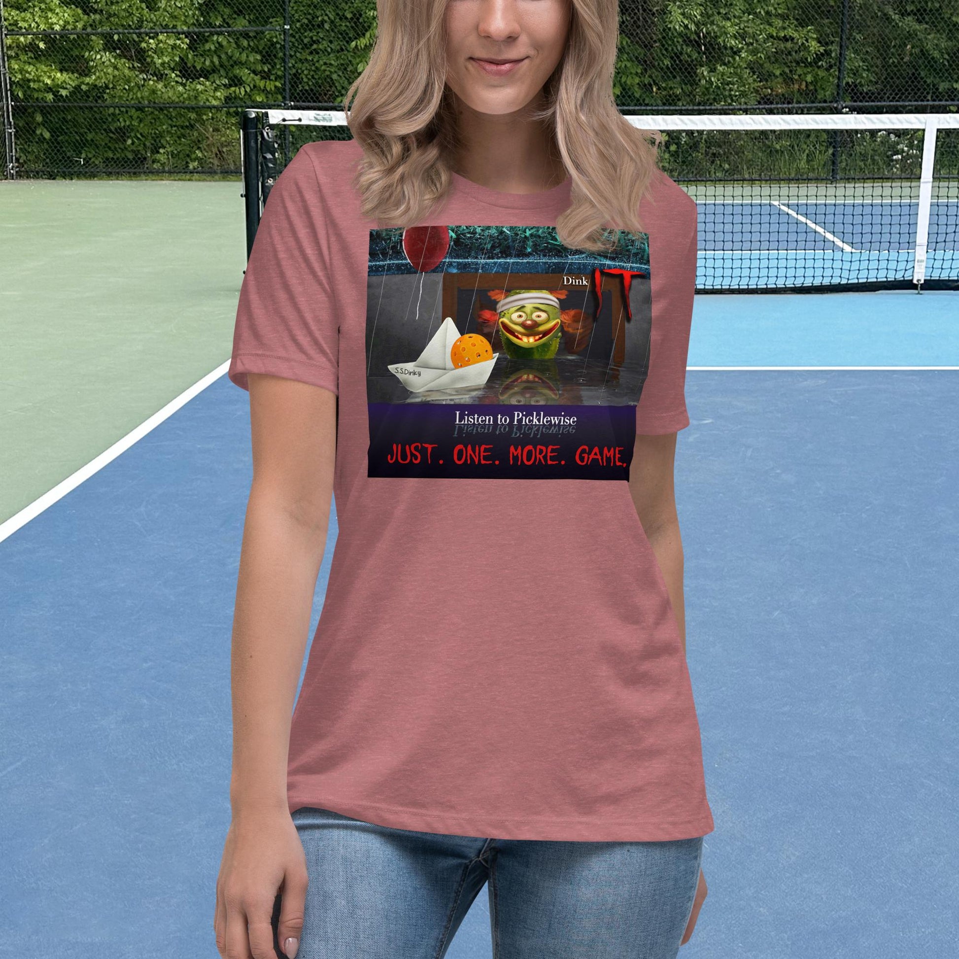 Heather Mauve Short-sleeve Women's Pickleball Shirt with Listen to Picklewise graphic on front