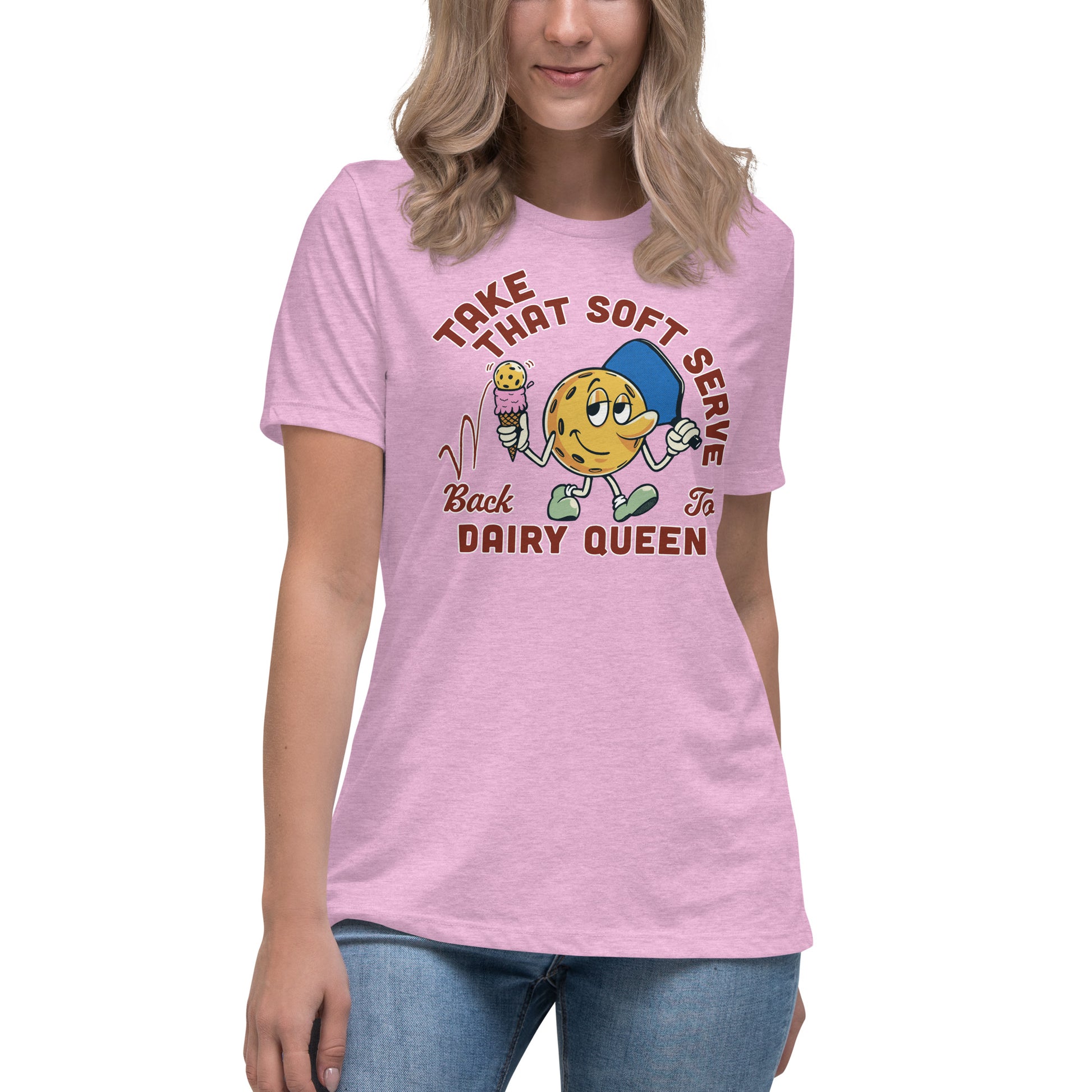 Heather Pink Pickleball T-shirt, Take That Soft Serve Back to Dairy Queen, Graphic on Front, Women's Relaxed Crew Neck Tee