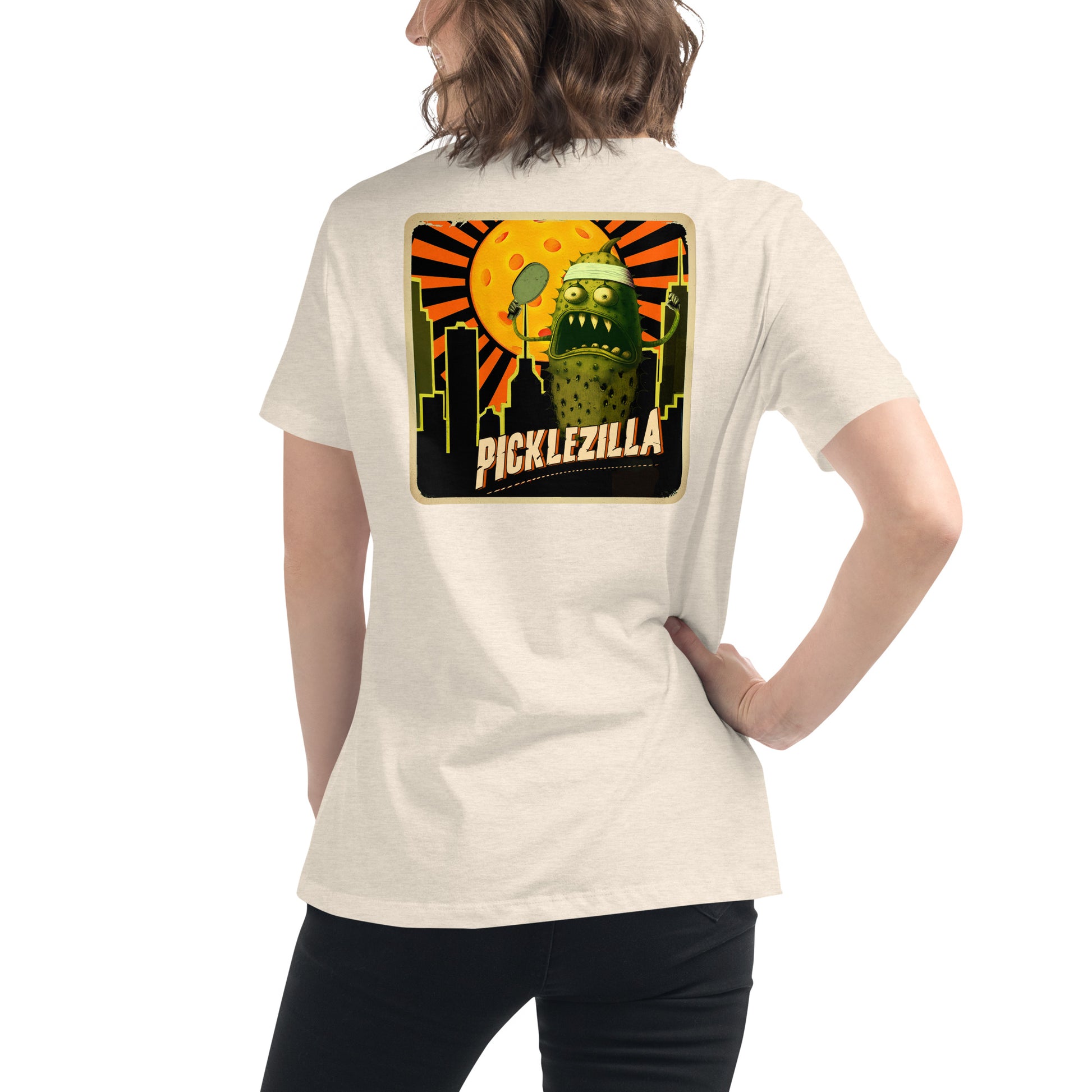 Heather Beige Pickleball T-shirt, Picklezilla, Graphic on Back, Women's Crew Neck Tee