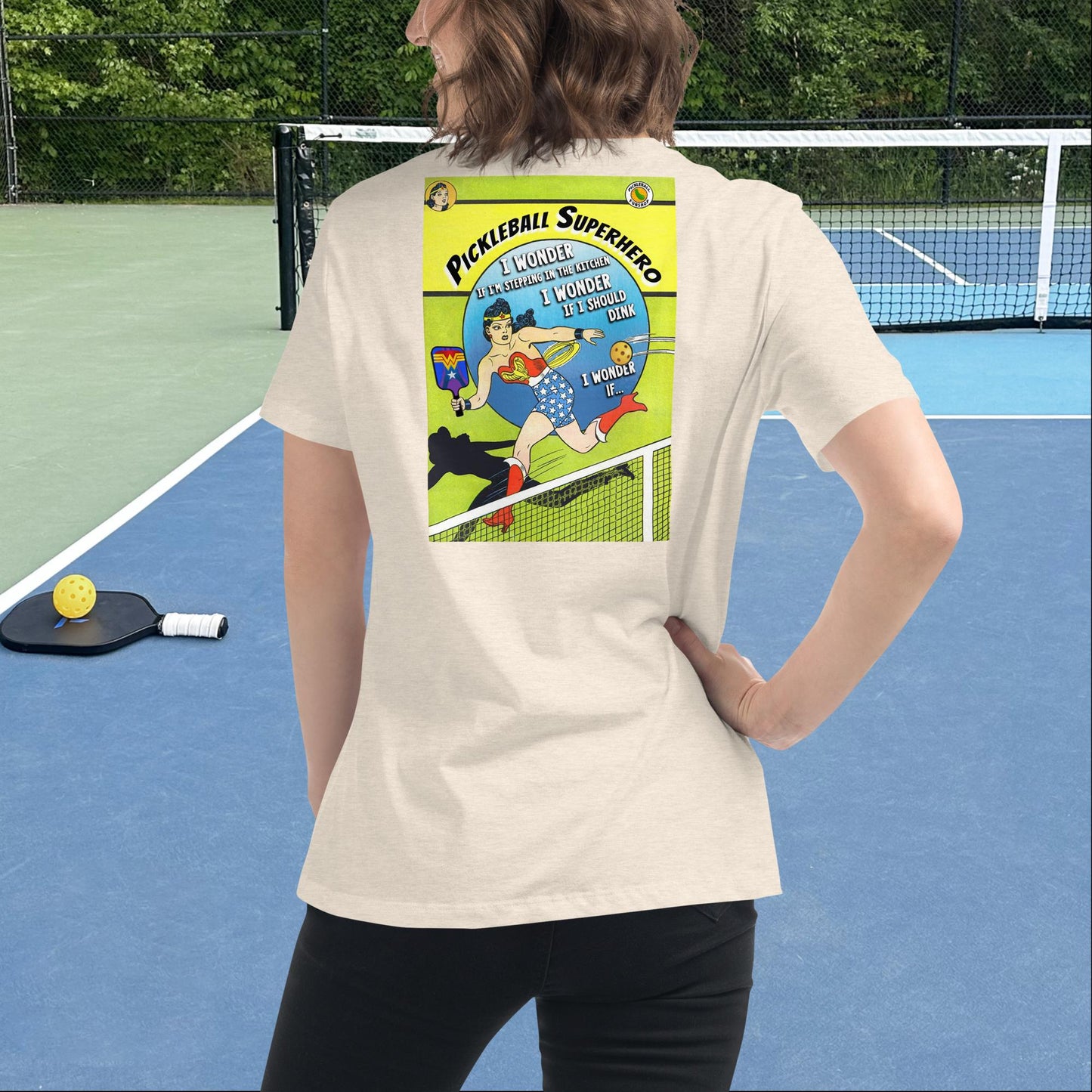 Heather Beige Pickleball Superhero Wonder Woman T-shirt, Graphic on Back, Women's Relaxed Tee