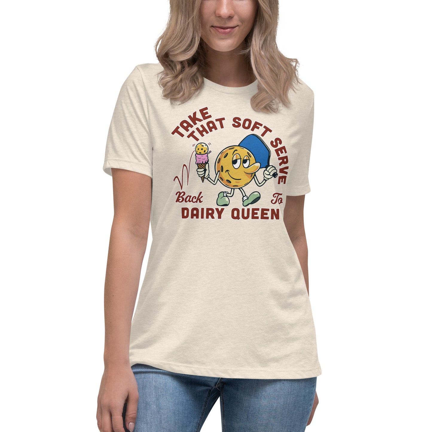 Heather Natural Pickleball T-shirt, Take That Soft Serve Back to Dairy Queen, Graphic on Front, Women's Relaxed Crew Neck Tee