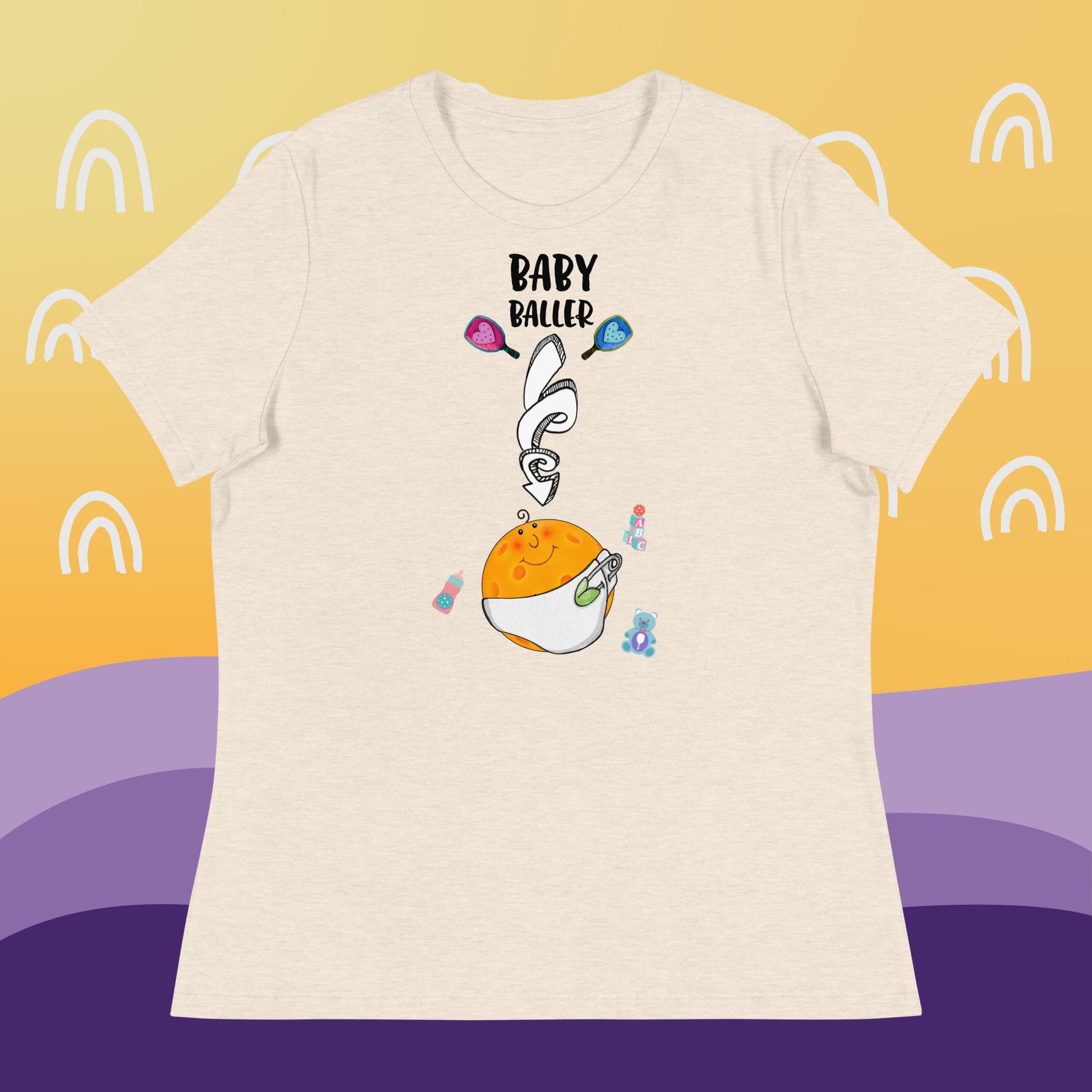 Heather Beige Pickleball Maternity Shirt, Baby Baller, Women's Relaxed Tee