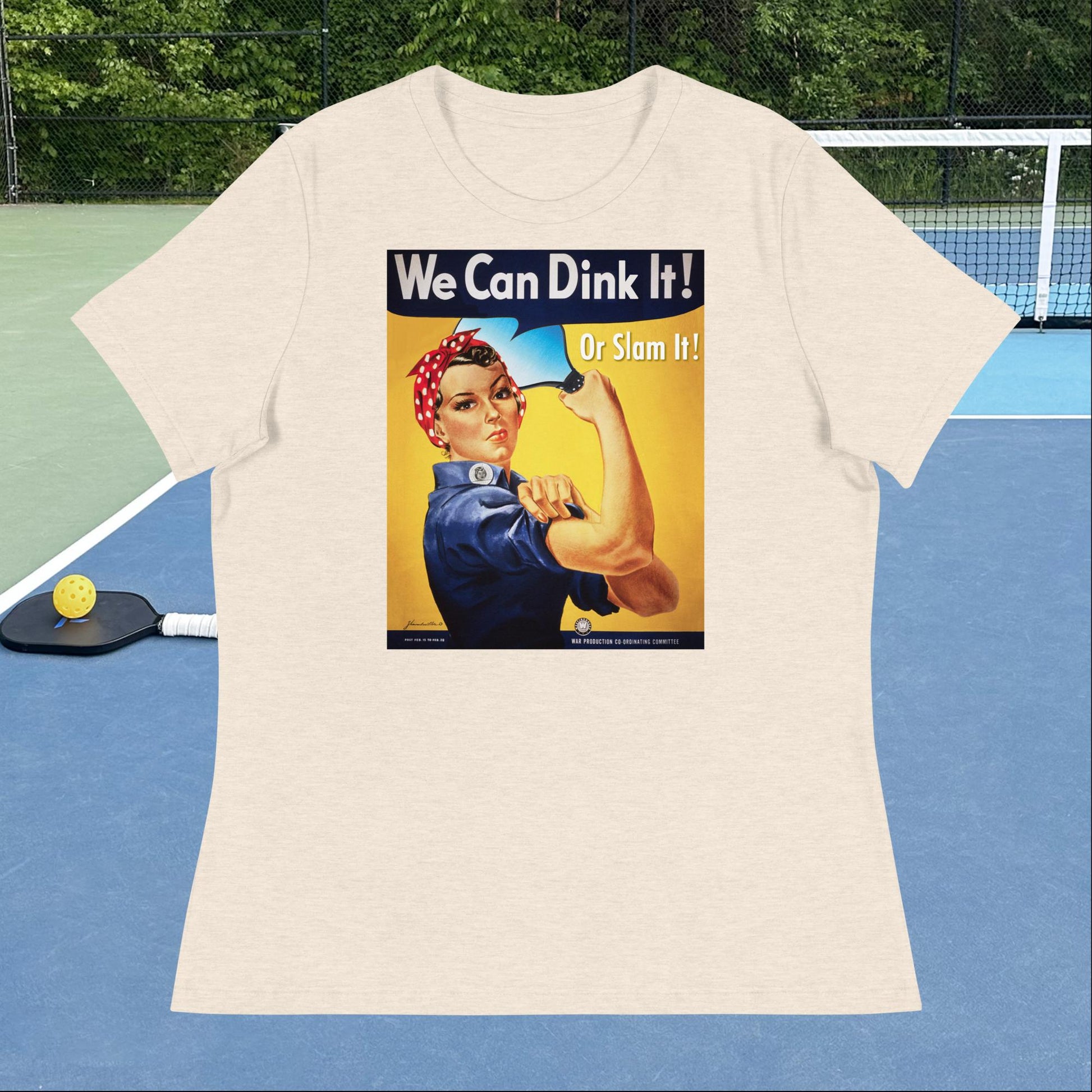 Heather Beige Rosie the Riveter Pickleball T-shirt, Graphic on Front, Women's Relaxed Cotton Tee