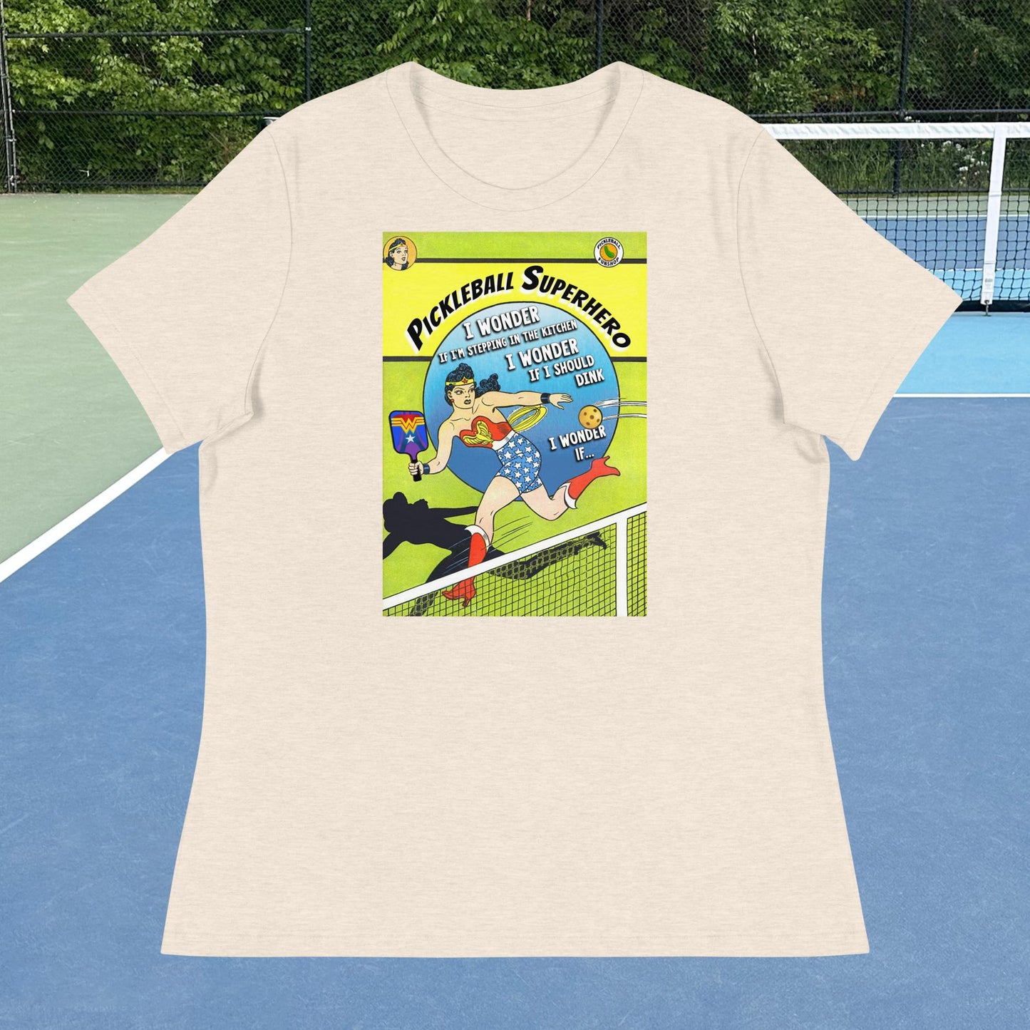 Heather Beige Wonder Woman Pickleball Superhero Women's Relaxed T-shirt, Graphic on Front