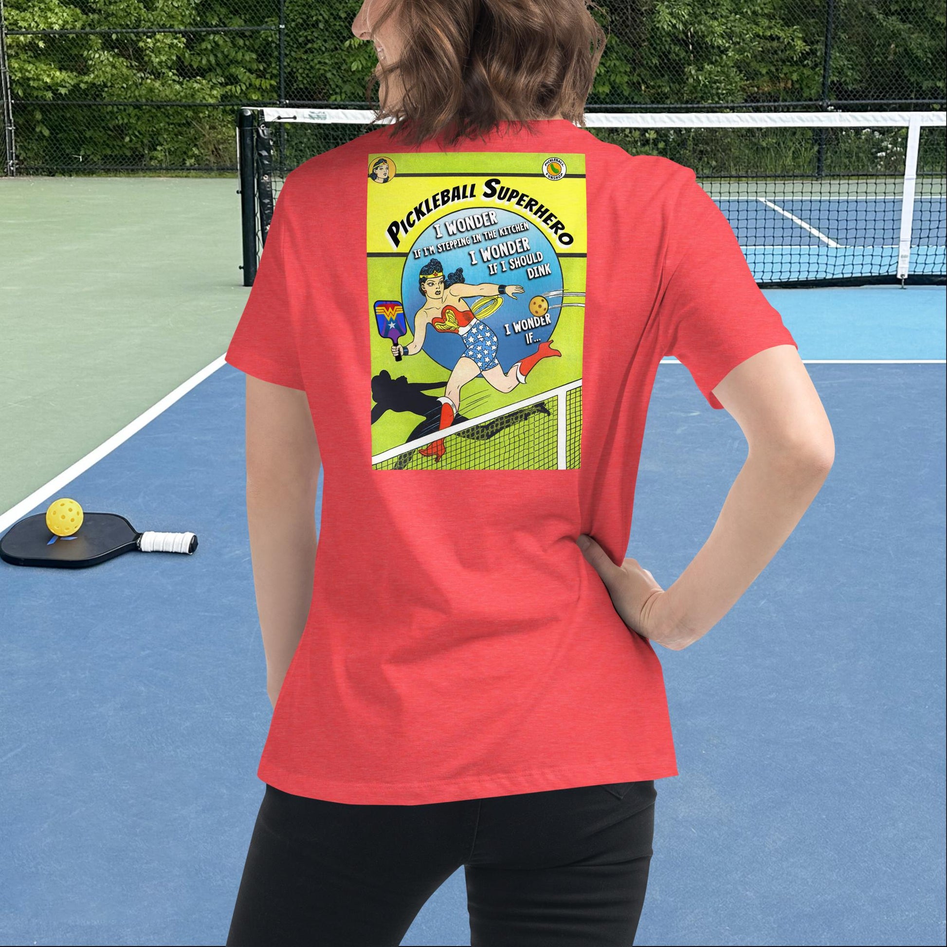 Heather Red Pickleball Superhero Wonder Woman T-shirt, Graphic on Back, Women's Relaxed Tee