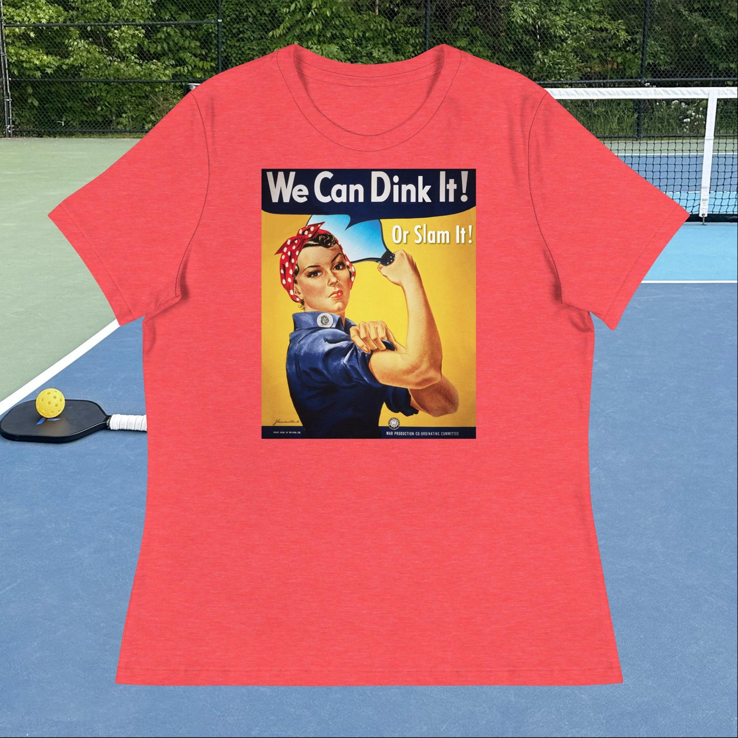 Heather Red Rosie the Riveter Pickleball T-shirt, Graphic on Front, Women's Relaxed Cotton Tee