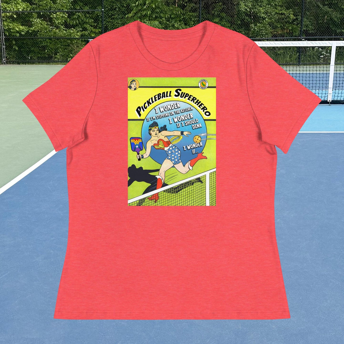 Heather Red Wonder Woman Pickleball Superhero Women's Relaxed T-shirt, Graphic on Front